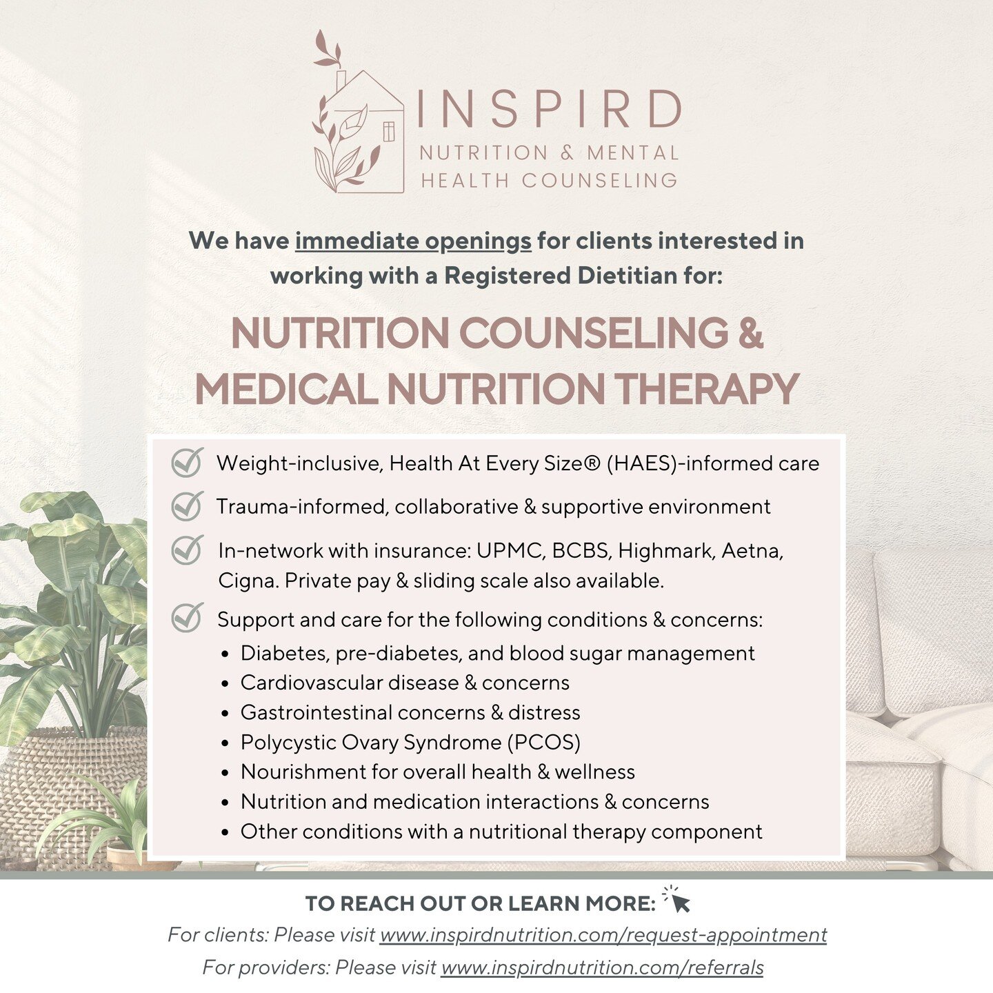 At INSPIRD Nutrition and Mental Health Counseling, many of you may know us for our specialty in caring for and supporting a variety folks with eating disorders, disordered eating, and body image concerns.

While we love the work we do here, we want t