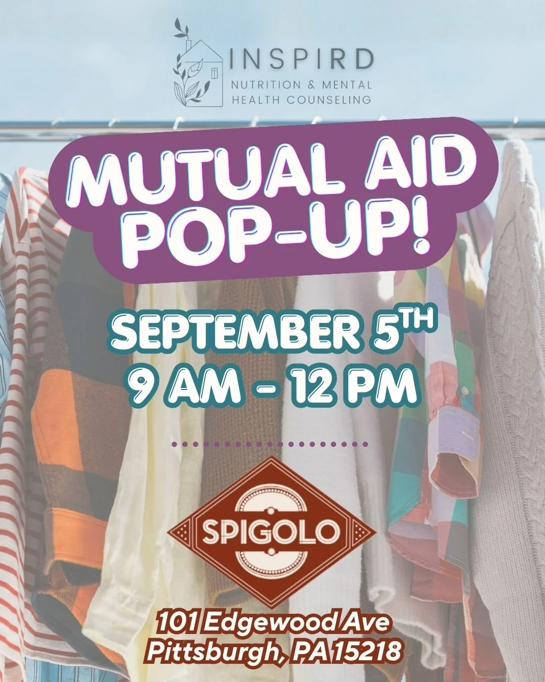 ​We are so excited to be having a Mutual Aid Pop-up NEXT SATURDAY September 5th from 9am-12pm at Spigolo in Edgewood!

We will be having various items from our Mutual Aid Closet for all guests to take what they need for FREE, including clothing items