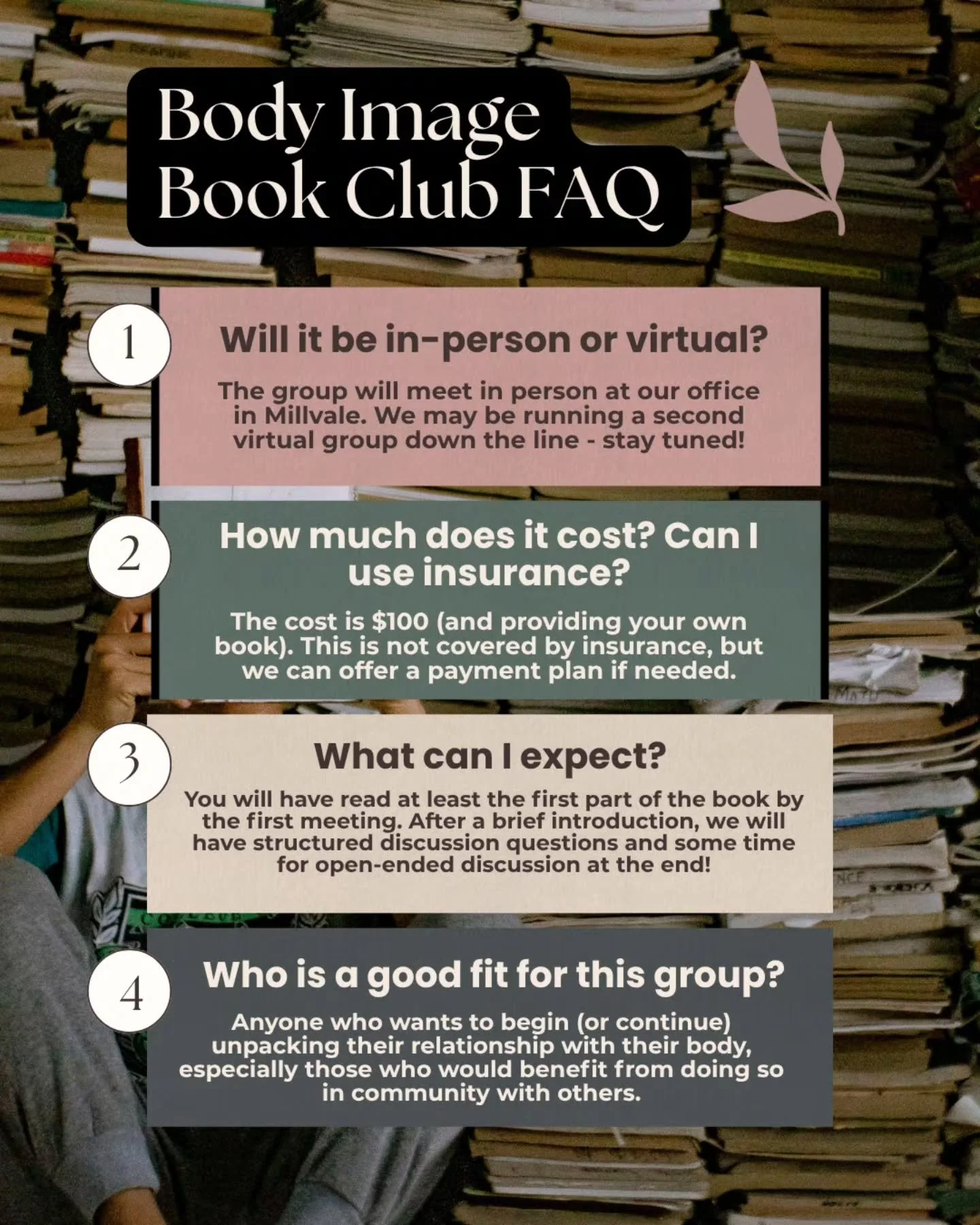 Answering a few frequently asked questions about our upcoming body image book club 📚 full details at our website under "groups", or at the link in our bio!