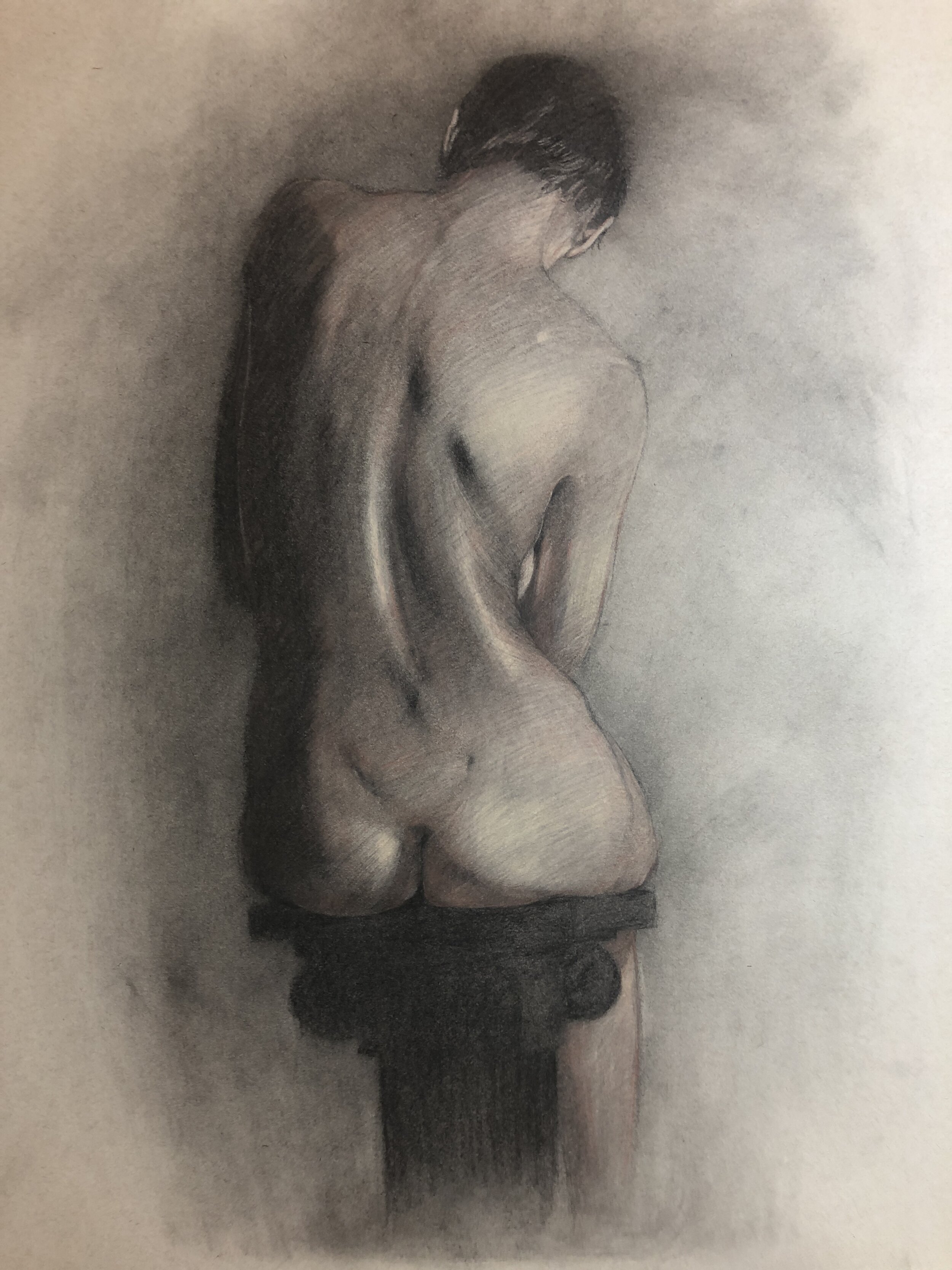 Sitting on a Column, 2020. Charcoal, 24 x 18 in.