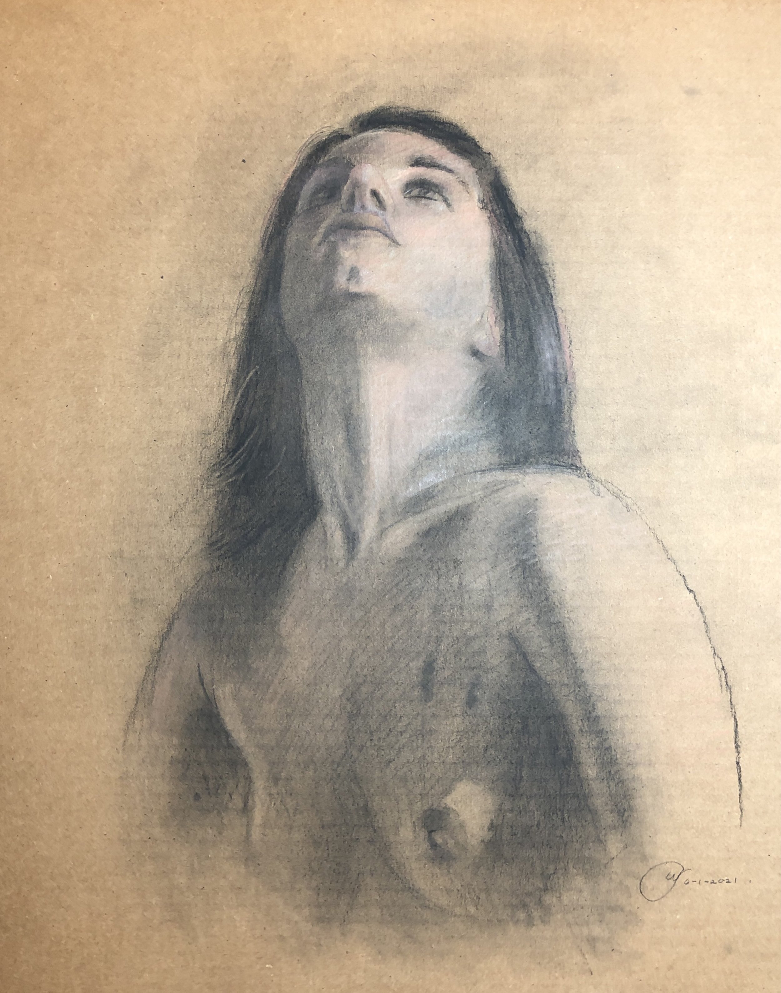 Untitled Portrait, 2021, charcoal on cardboard, 20 x 16 in.