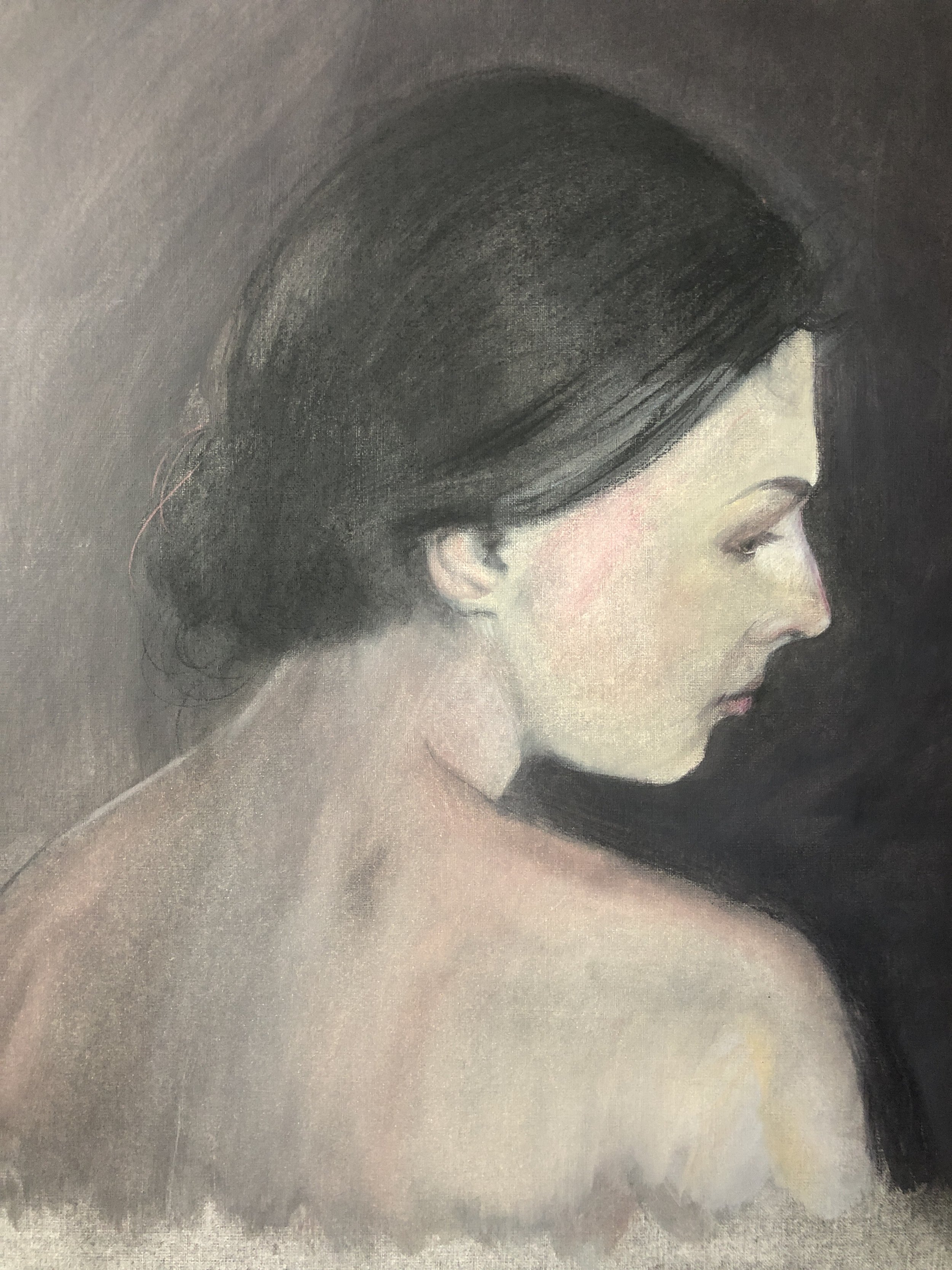 Portrait, 2023, charcoal and oil on paper, 17 x 14 in.