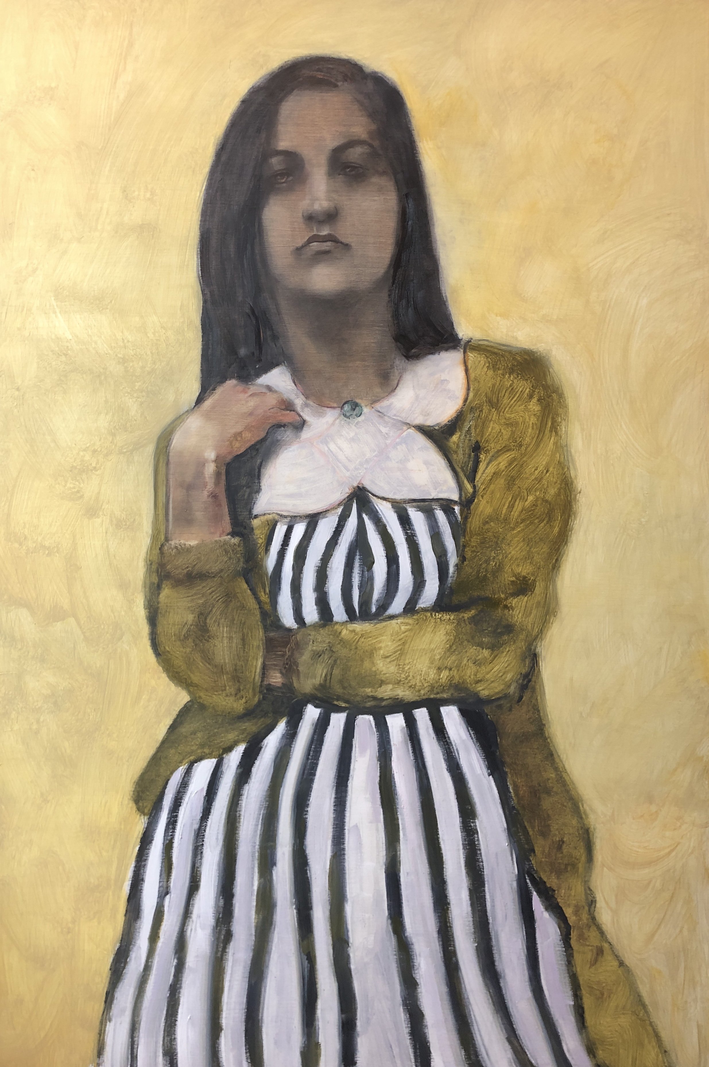 Peruvian Model In Mrs. Shiele's Clothes, 2023, oil and graphite on panel, 36 x 24 in.