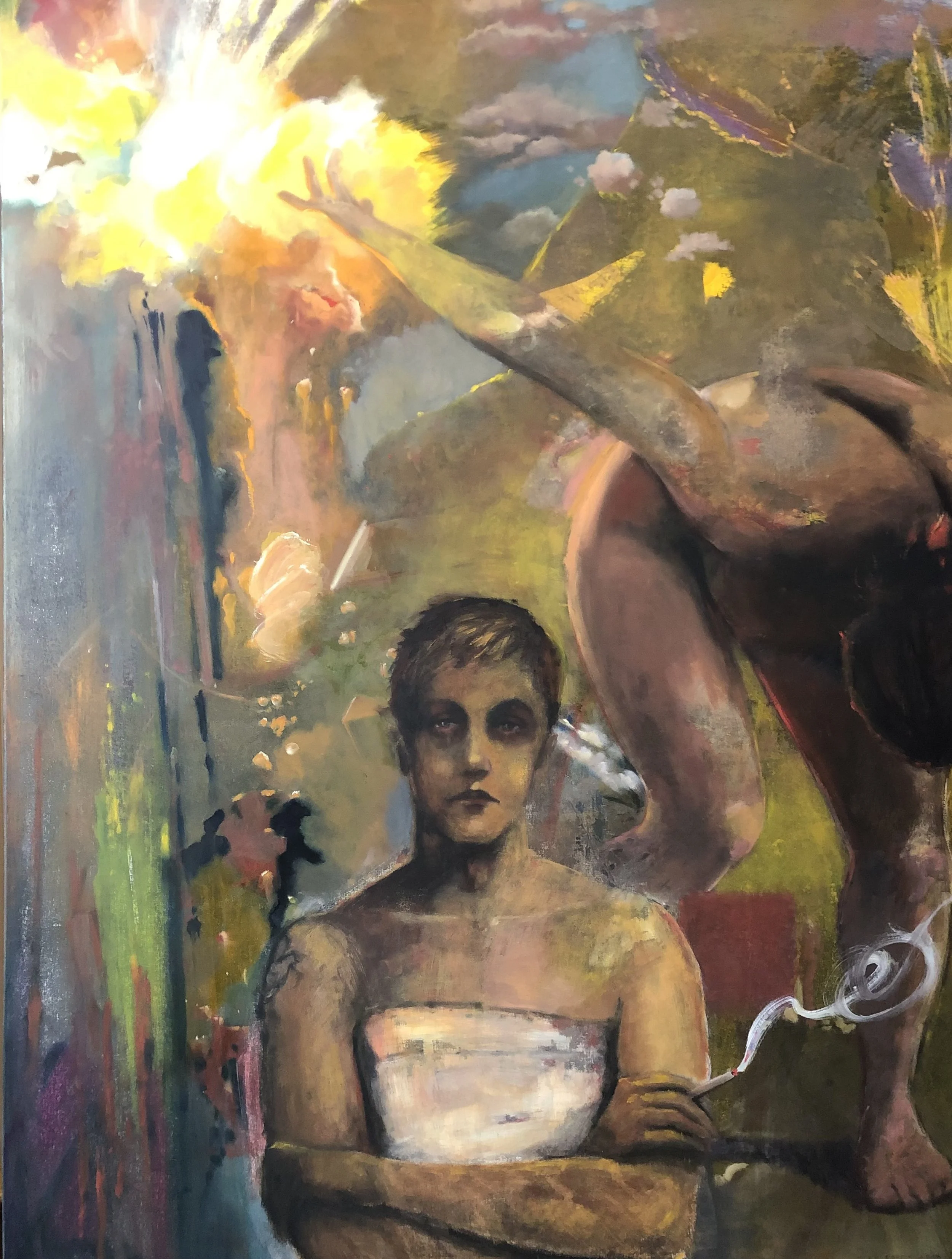 Expulsion (Self Portrait as a Young Warrior), 2022–2024, oil on canvas, 48 x 36 in.