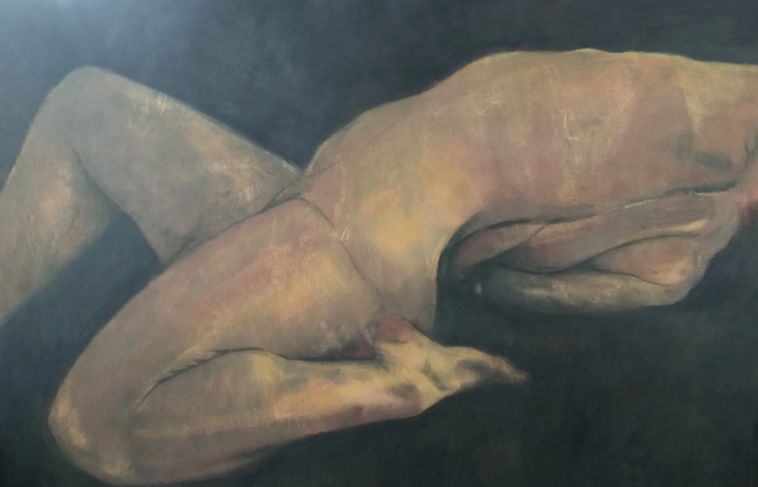 Tortured Body, 2024, charcoal, grpahite and oil on birch wood, 24 x 36 in.