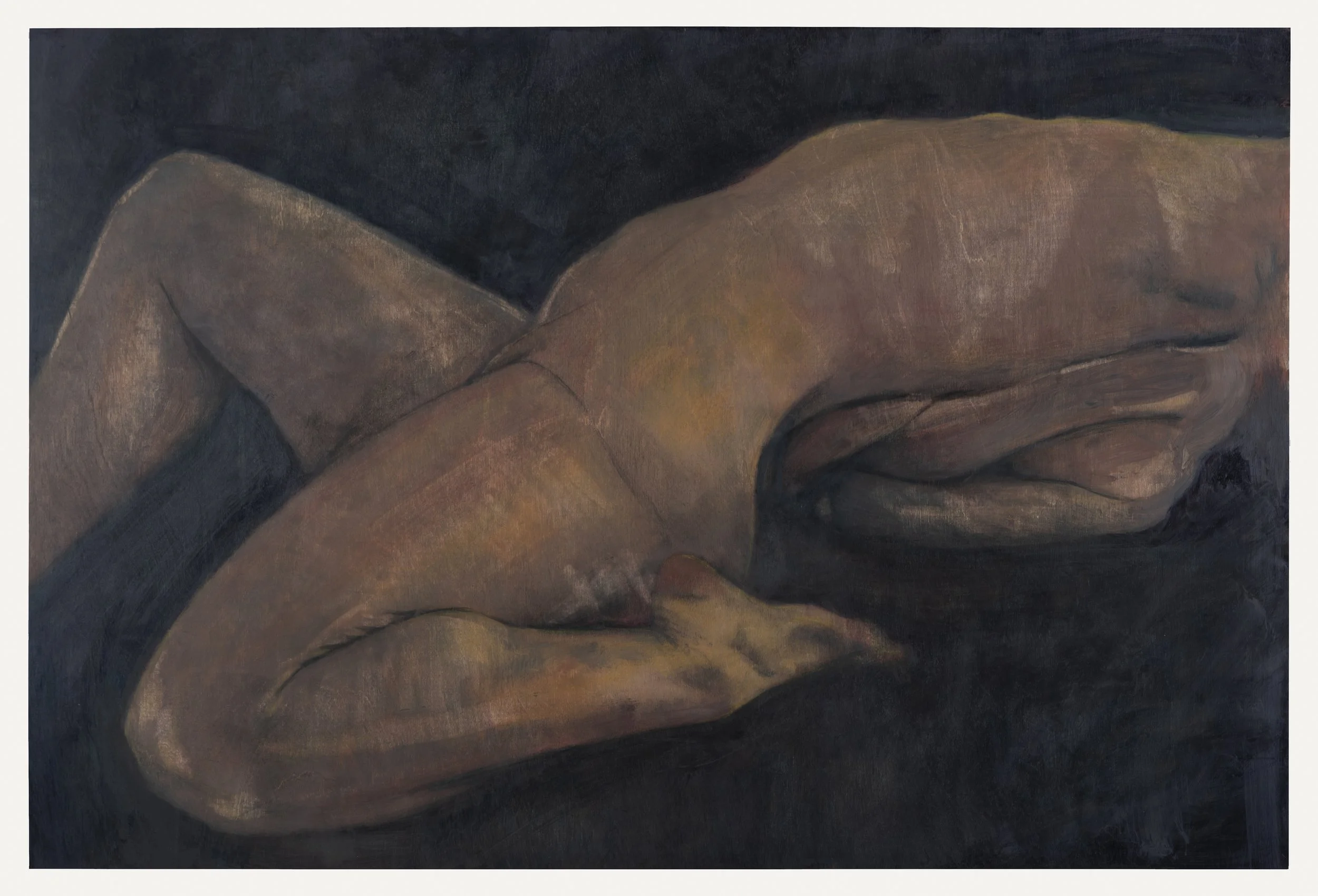 Tortured Body, 2024, charcoal, grpahite and oil on birch wood, 24 x 36 in.