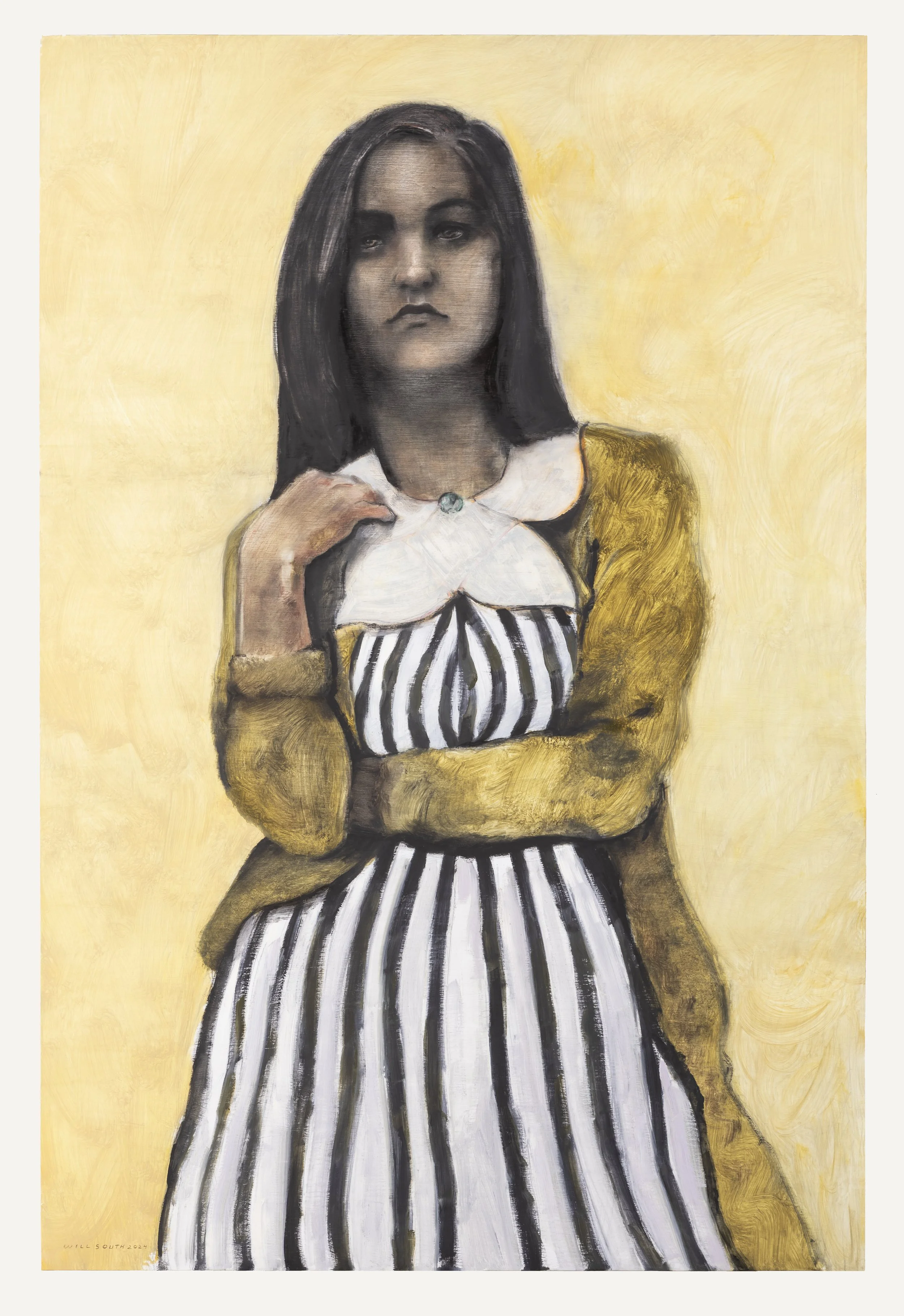Peruvian Model In Mrs. Shiele's Clothes, 2023, oil and graphite on panel, 36 x 24 in.