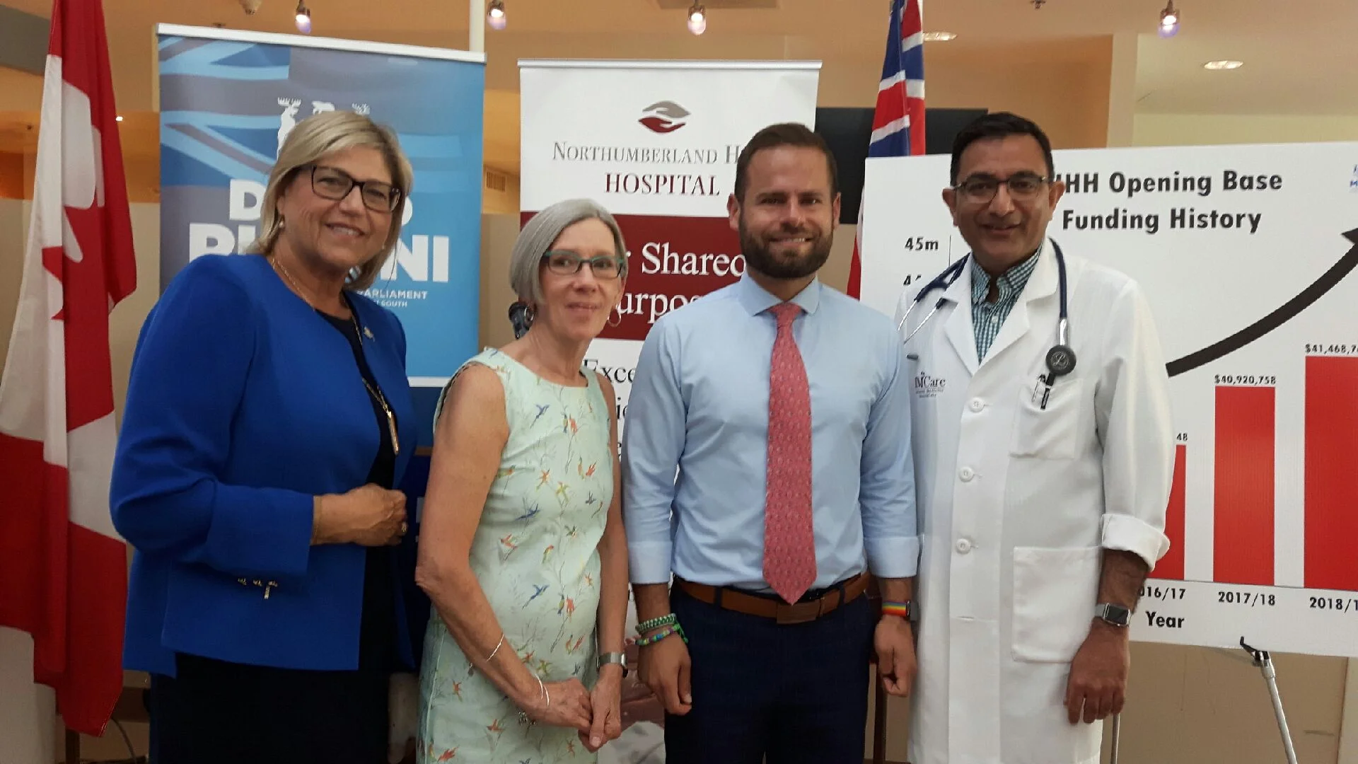 From left, Northumberland Hills Hospital president and chief executive officer Linda Davis and board chair Pam Went welcomed Northumberland-Peterborough South MPP David Piccini Thursday for a good-news funding announcement, along with NHH chief of staff Dr. Mukesh Bhargava.