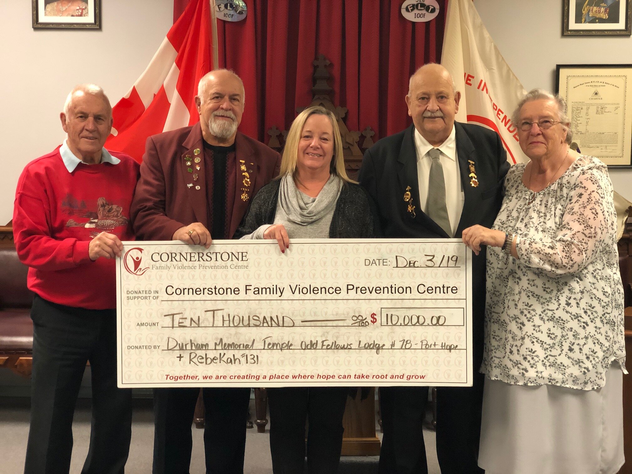  Cornerstone Family Violence Prevention Centre executive director Nancy Johnston (centre) was delighted to receive a $10,000 donation from the Durham Memorial Temple Oddfellows Lodge #78 Port Hope and Rebekahs #131 members (from left) Carl Nelson, Da