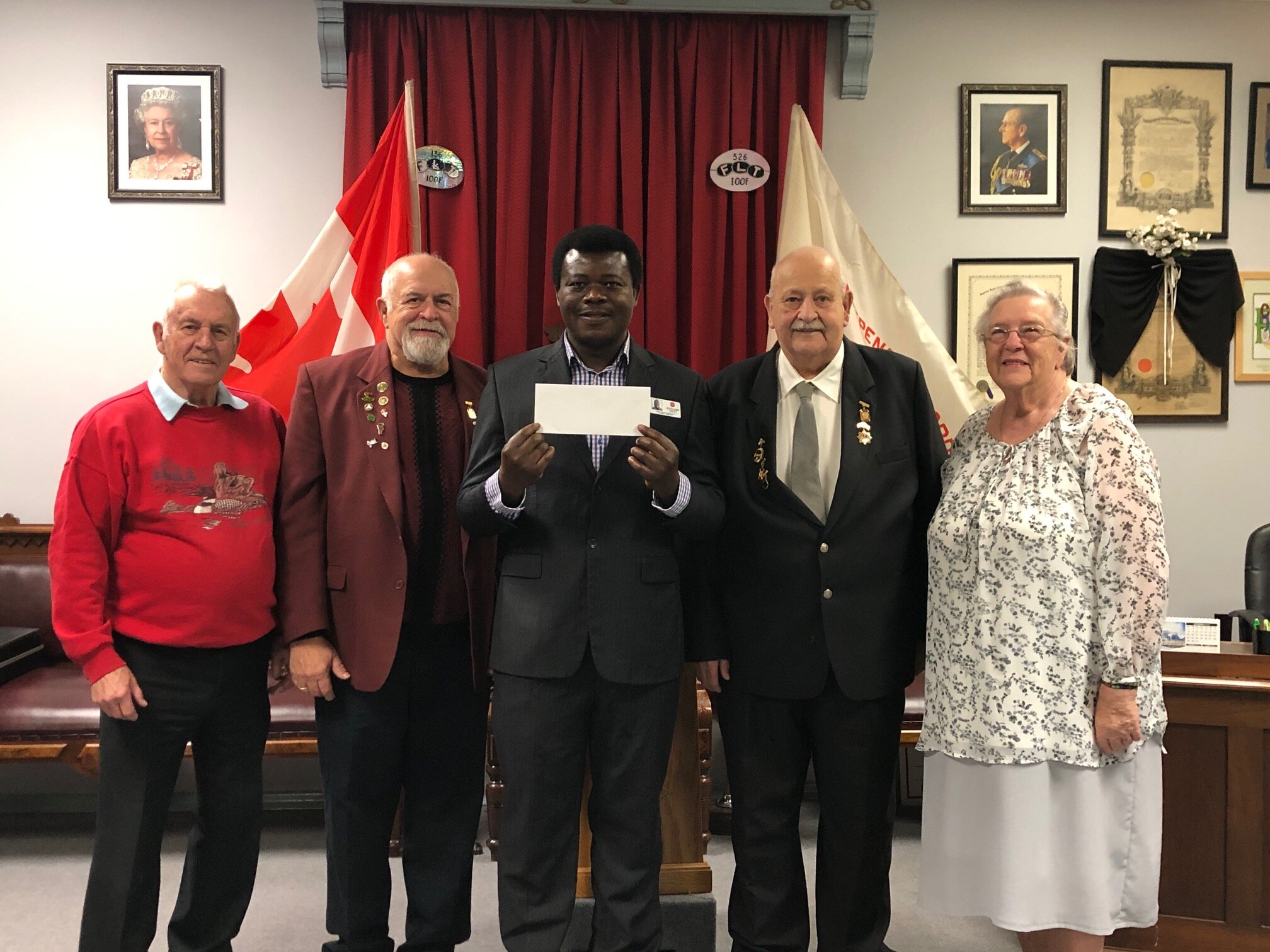  Cobourg Salvation Army Community and Family Services Director Edward Nkyi (centre) was delighted to receive a donation from the Durham Memorial Temple Oddfellows Lodge #78 Port Hope and Rebekahs #131 members (from left) Carl Nelson, Dave Bannister, 