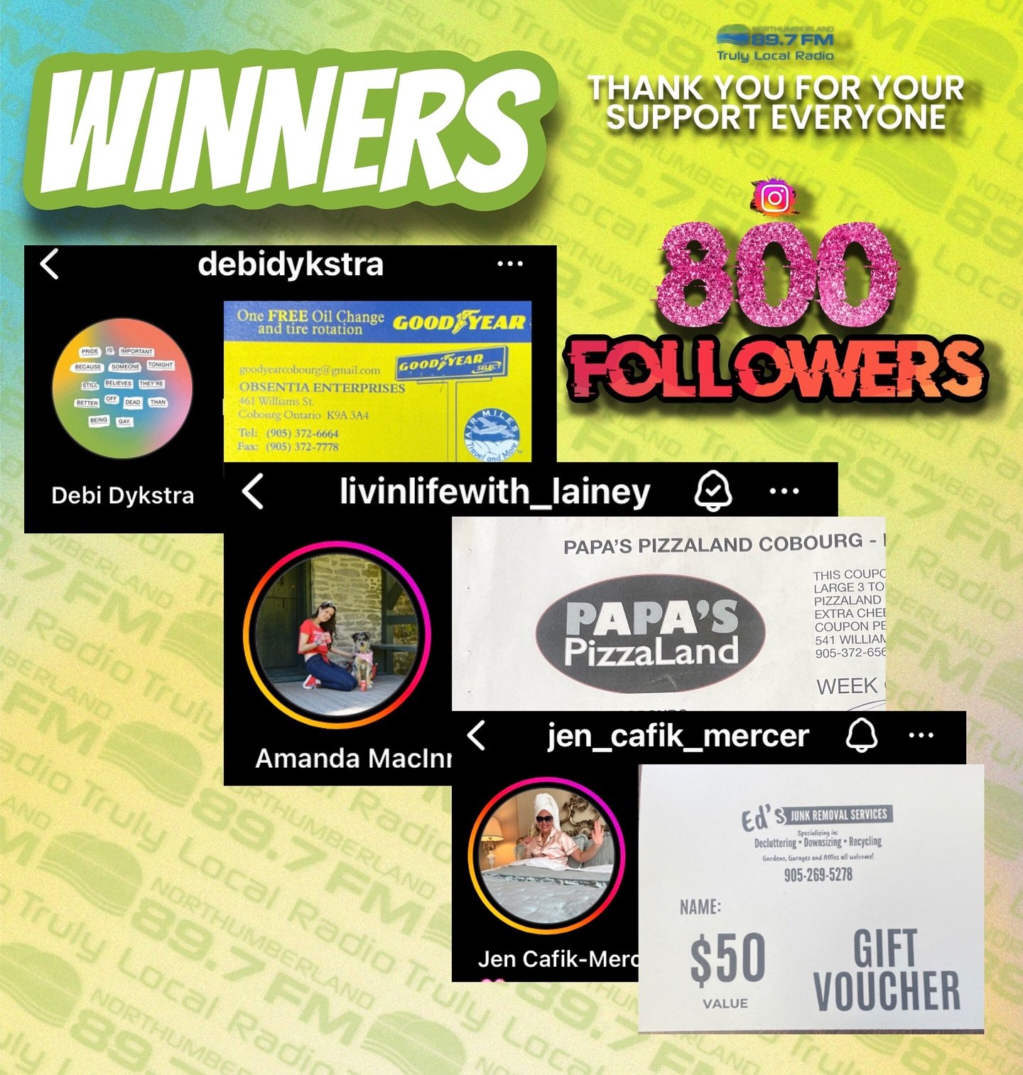 Big shoutout to our winners.
It’s that easy! 🥳
Thank you to all the people that played 🙏🏼
Prizes can be picked up Monday - Friday next week.
@debidykstra - You have won a free oil change courtesy of Cobourg Good Year
@jen_cafik_mercer