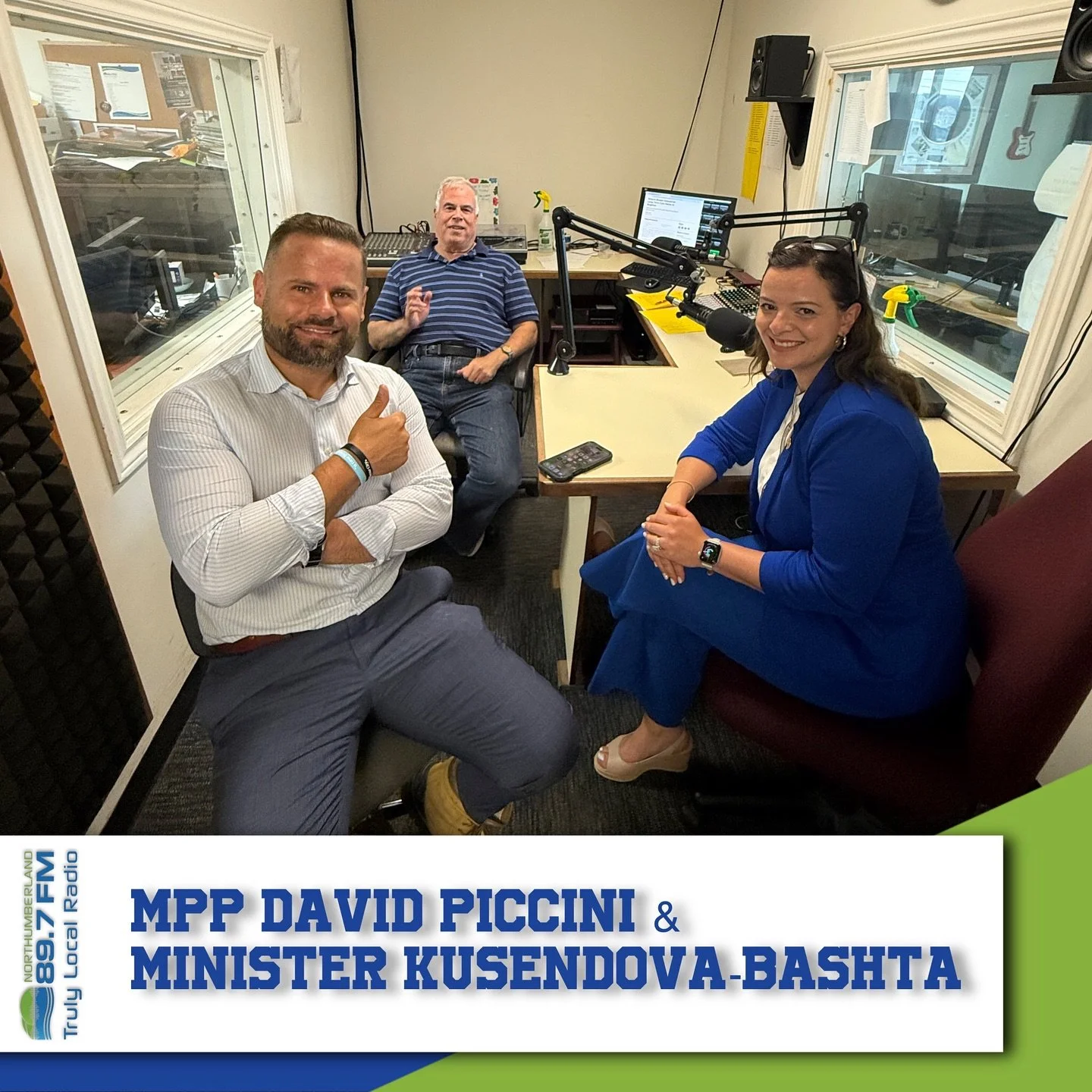 🚨 SPECIAL VISIT TO THE STATION! 🚨
This past Friday, July 25, we had the pleasure of welcoming MPP David Piccini and the Minister of Long-Term Care, Natalia Kusendova-Bashta to Northumberland 89.7FM!
They stopped by to chat about some major moves