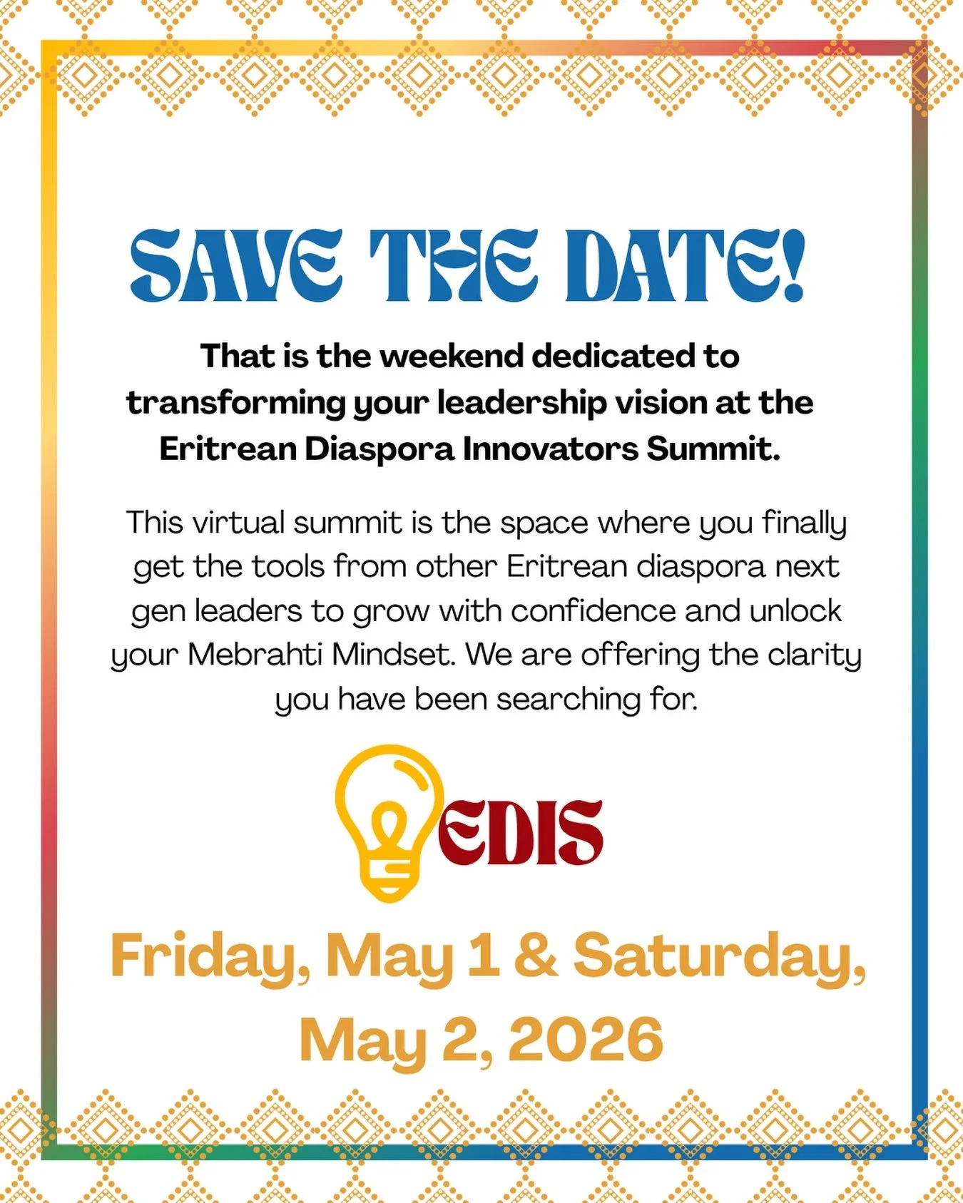 It&rsquo;s officially ONE MONTH out! The Eritrean Diaspora Innovators Summit is almost here. ✊🏾

You&rsquo;ve been hearing about EDIS 2026 for months. Now it&rsquo;s time to secure your seat.

Poets. Athletes. Entrepreneurs. Journalists. Community b