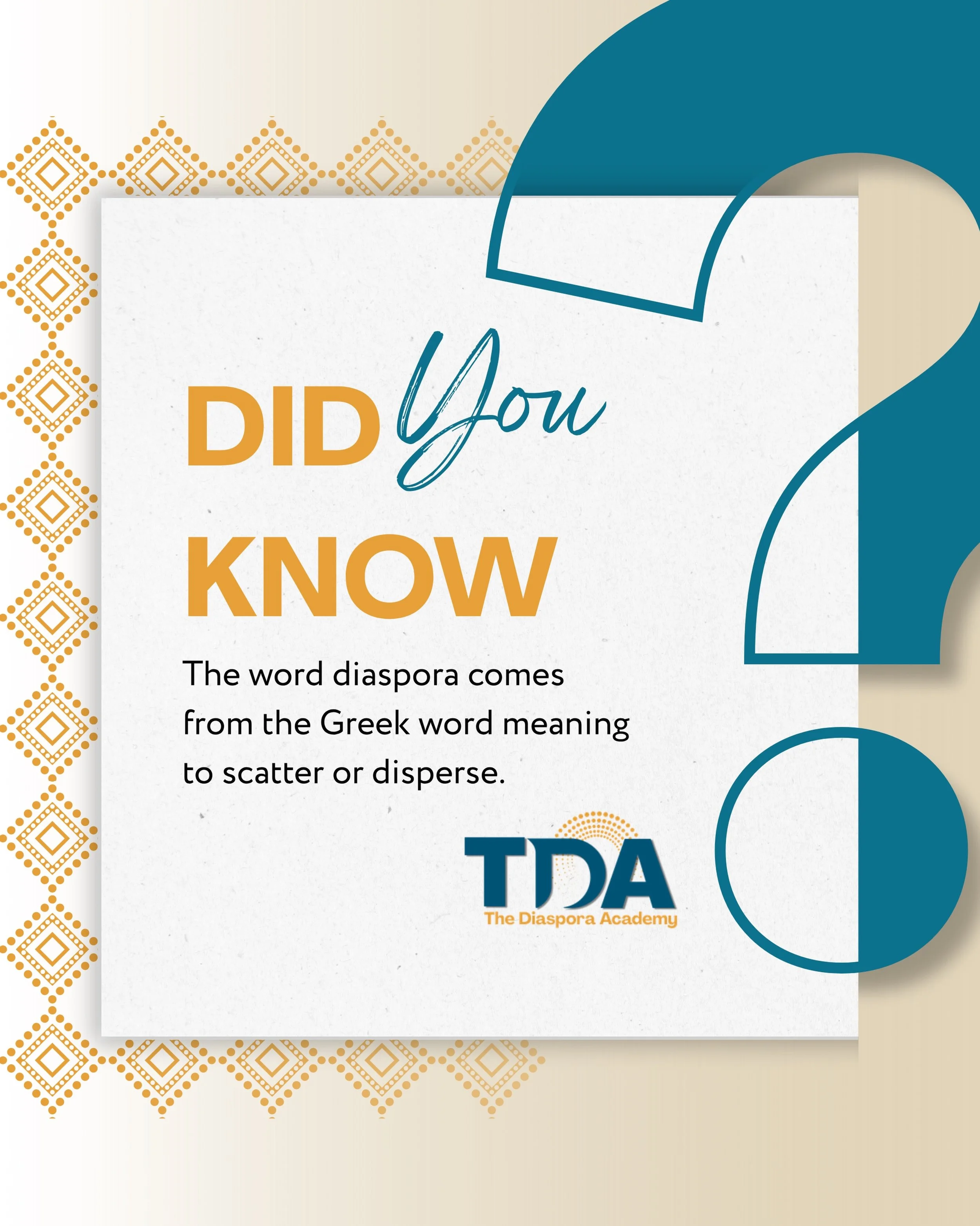 DYK? The word diaspora is a term that applies to more people than you may realize.

A diaspora is a community of people who live outside their ancestral homeland while maintaining ties to it across distance, generations, and borders.  Specifically, T