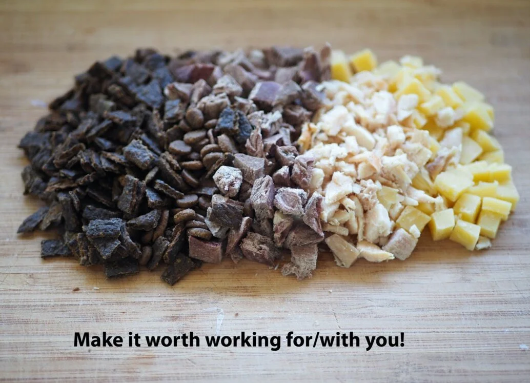 o It is up to our dogs to decide if something is an actual reward or not! So, you have to know your dog and see if they’re working "enthusiastically" or not. If they’re distracted, sniffing around, taking the treat without really paying attention to you and going back to their business it means that the value of the treat is not high enough.o Make it worth working with/for you. Always have the yummiest mixture of treats, especially when dealing with fear, but also when dealing with distractions.o What are good options? Cooked chicken, cheese, sausages, ham, any other meaty yummy stuff from the supermarket. Happy Pet Freeze Dried Venison Heart from us, Ziwi Peak (the food rather than the treats as it’s cheaper) from us or from pet.co.nz. We call these High Value Rewards. Check out our recommendations on high value treats.o What needs to stay home? Your normal kibble, highly processed supermarket treats, massive treats that can’t be broken up.o Make treats pea sized and have them prepared before the training session. They need to be kept handy, either in a treat pouch or bum bag or easily accessible pocket.