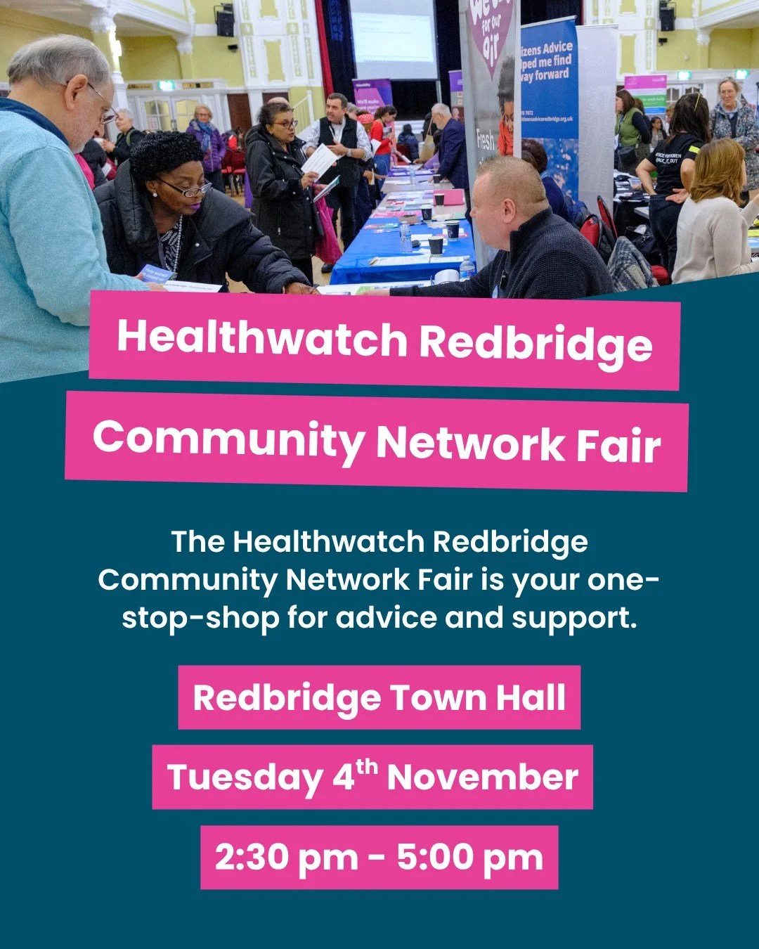 Join us at the @healthwatchredbridge  Community Network Fair in the Town Hall on Tues 4 November at 2.30-5pm. Lots of local organisations will be there offering advice and support.