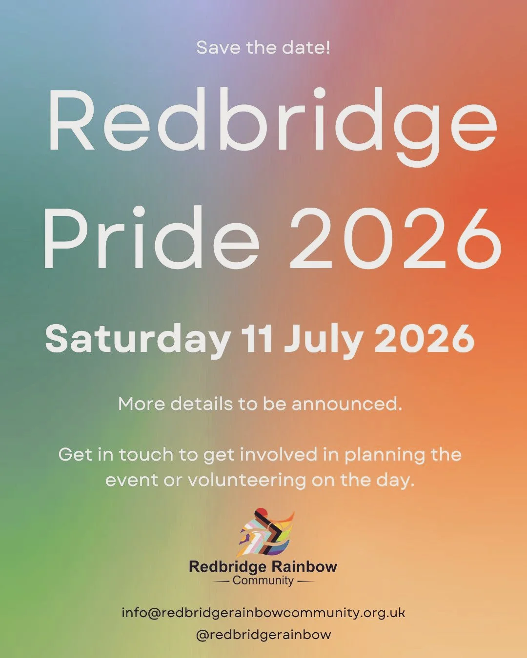 🌈 Save the date! Redbridge Pride 2026 will take place on Saturday 11 July. Please get in touch if you'd like to be involved to plan the event, volunteer on the day, have a stall or perform! 🌈