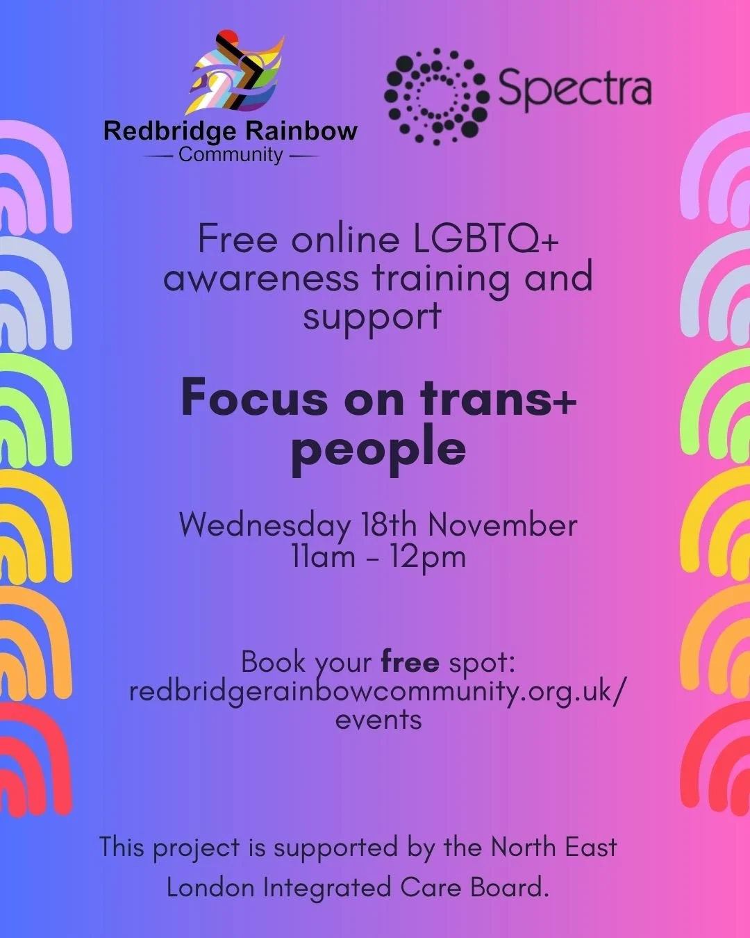 Join us online on Weds 18 Nov 11am-12pm for an awareness session focusing on the health and care needs of trans+ people with @spectra_london. Book your free spot via link in bio.