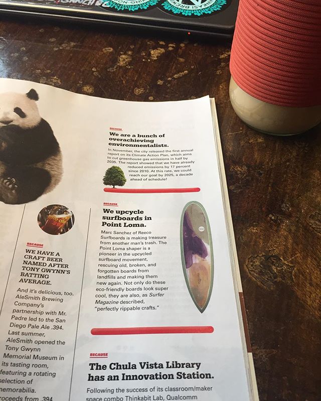 Stoked! to be in @sandiegomag as one of the reasons to love SD. It's a great place to live.

#sandiego #sandiegomagazine #sandiegomag #reeco #reecosurfboards #upcycled #california #surf #resinart