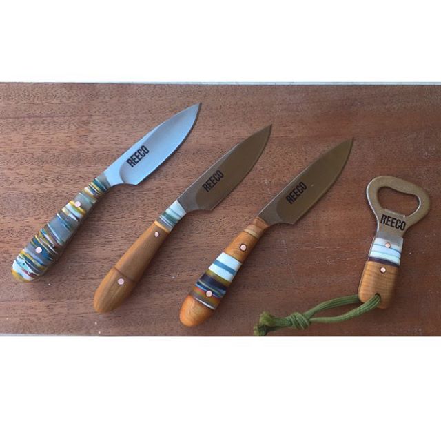 resin, wood and metal arranged in the form of knives and bottle openers.

#upcycled #reclaimed #surfboardresin #stainlessteel
