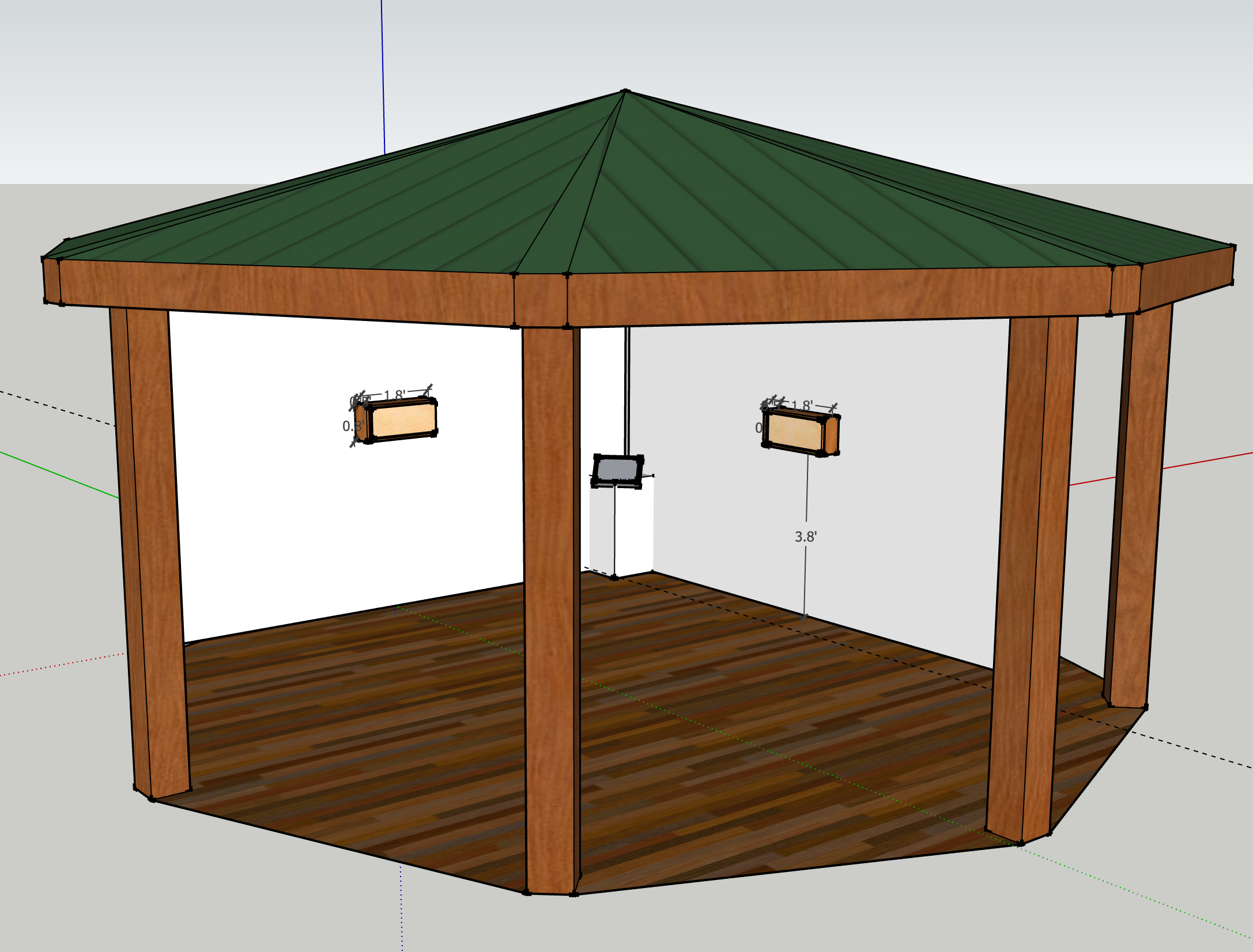 An example of our pre-made floor-standing structure contextualized within a roofed structure. Note there is no permanent impact on installation (no drilling into structure to install). Drywalls supported by ULine racks ; we would use sandbags for any additional anchoring.