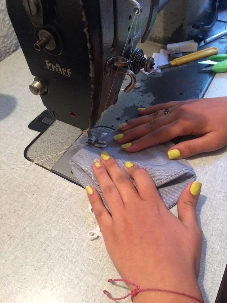 Above: Each mask is lovingly sewn by hand. Below: In progress facetimes from Vero’s “lockdown breakout.”