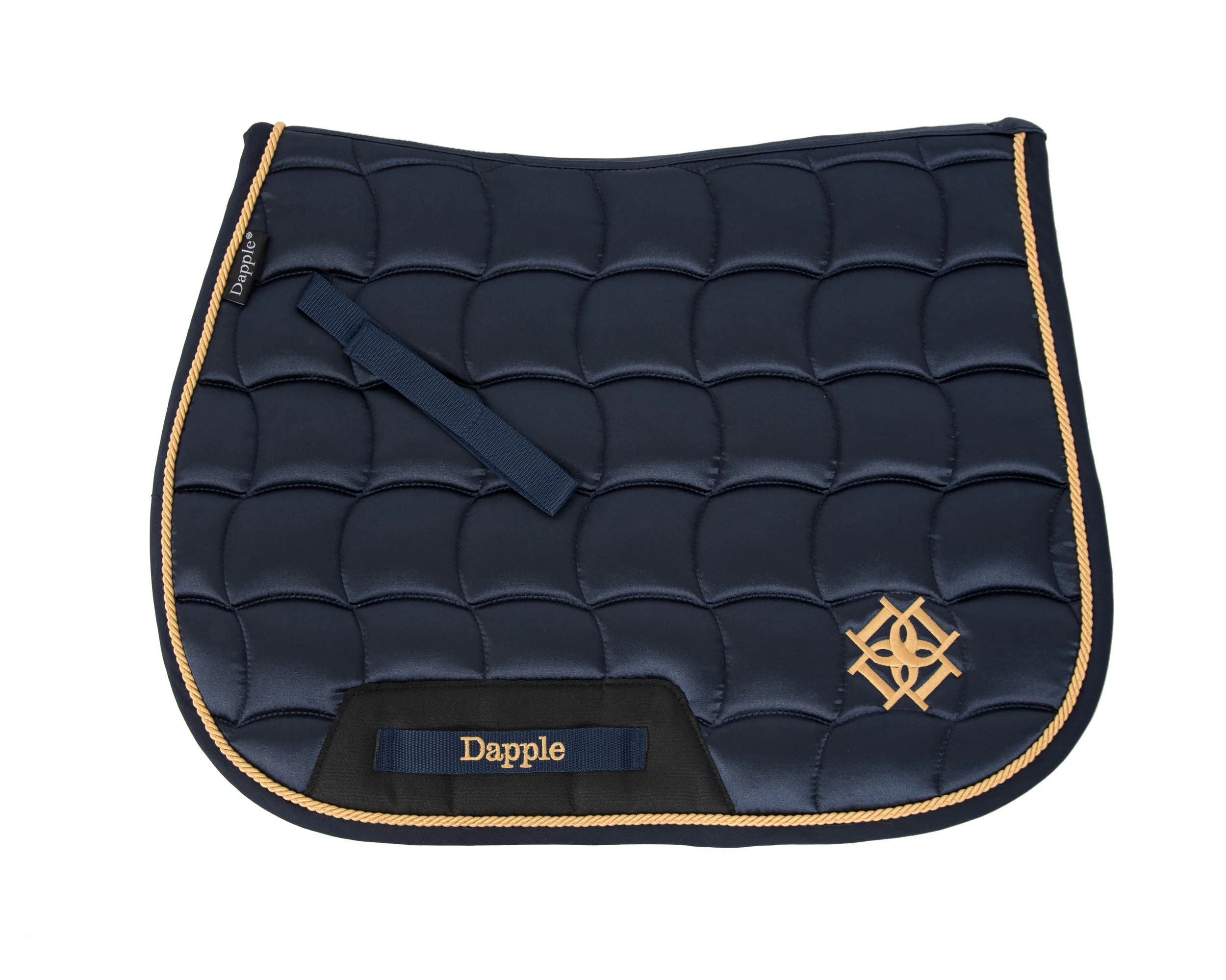 Dapple Navy Saddle Pad with Gold Piping white background.jpg