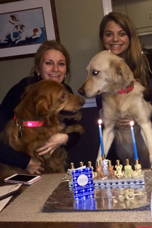 Emily Levinson (on right) with friends - Aly (on left), Bella and Abby (the furry ones) - celebrate a "golden" Chanukah!