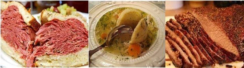 Three Bubbie’s classics: corned beef, matzo ball soup, and brisket. Image courtesy Randy Stark