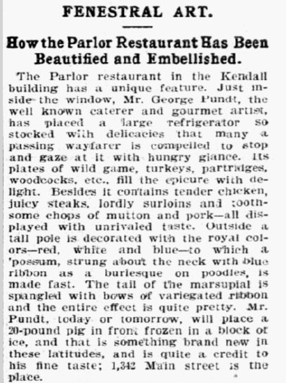 Description of the “Fenestral Art” displayed in and around the Parlor Restaurant’s storefront. Reprinted from The State , January 26, 1897.