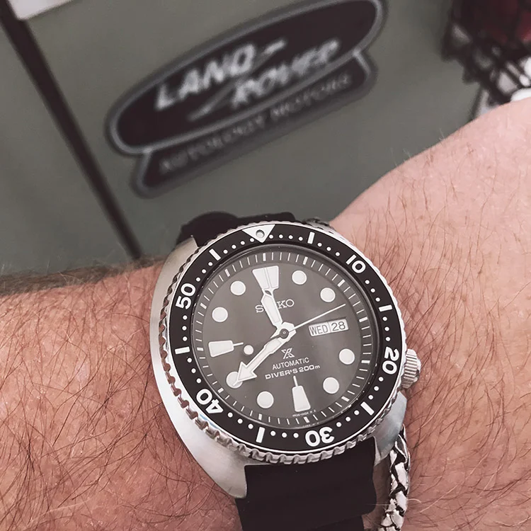 My trusty Seiko SRP777. Vintage aesthetics, rugged performance, and iconic history. It's a tough watch to beat when it comes to value, and should be a staple in anyone's collection. This photo shows the factory original rubber dive strap, which is excellent, but I usually have a vintage inspired "Tropic" rubber strap on mine, which I bought from Uncle Seiko. Highly recommended. 