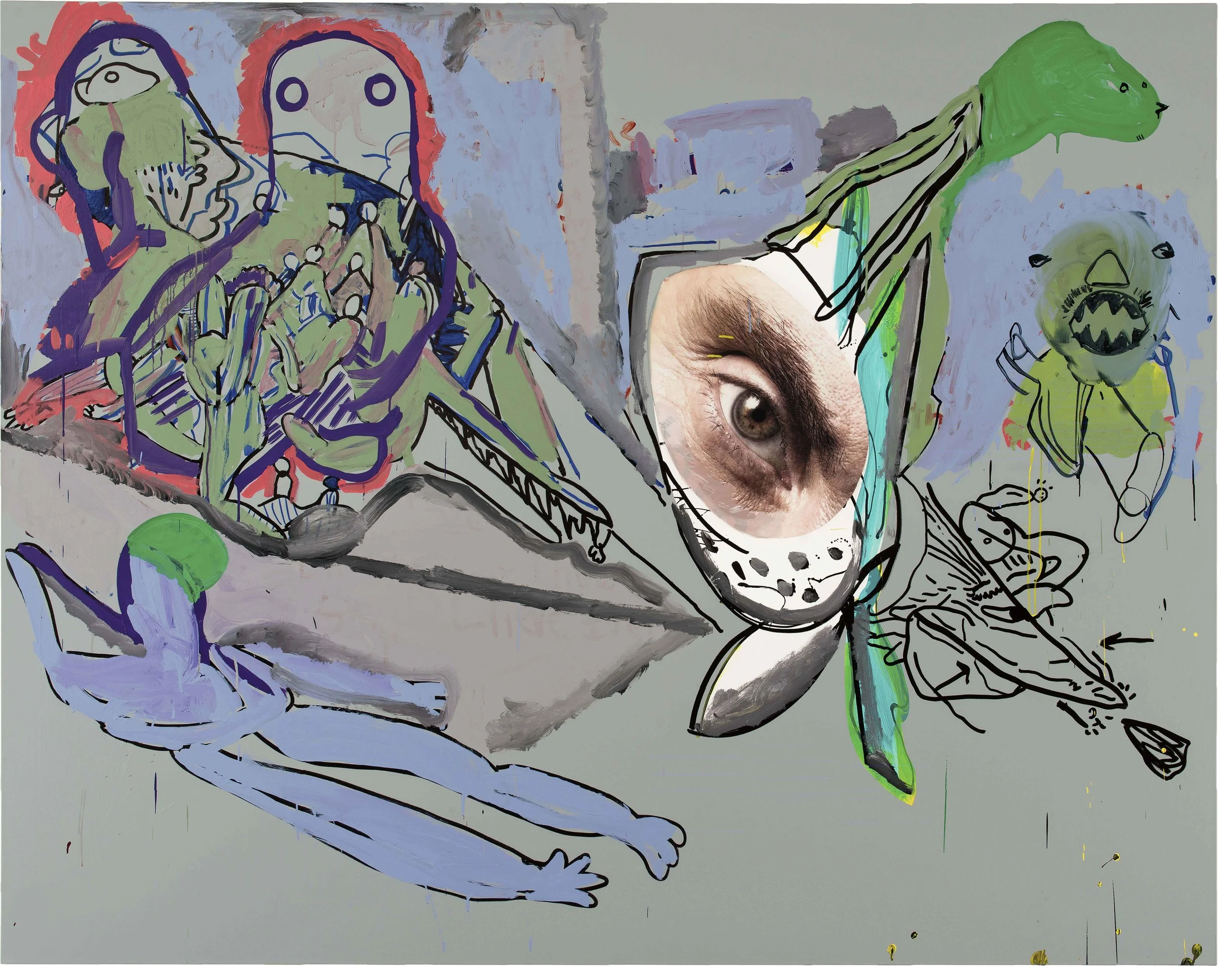 Drew Beattie I Am the Grasshopper Who Hops Into Your Lap and Sings 2014 acrylic, marker and collage on canvas 76 x 96 inches