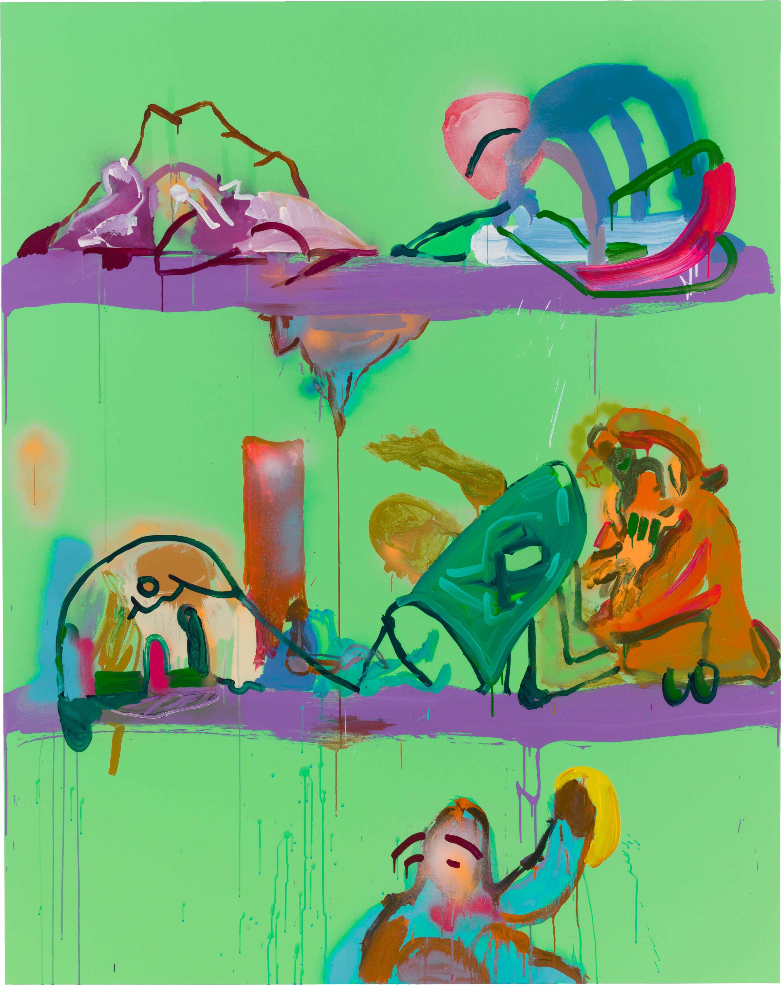  Drew Beattie and Ben Shepard  Shelves on Green  2014 acrylic and spray paint on canvas 96 x 76 inches 