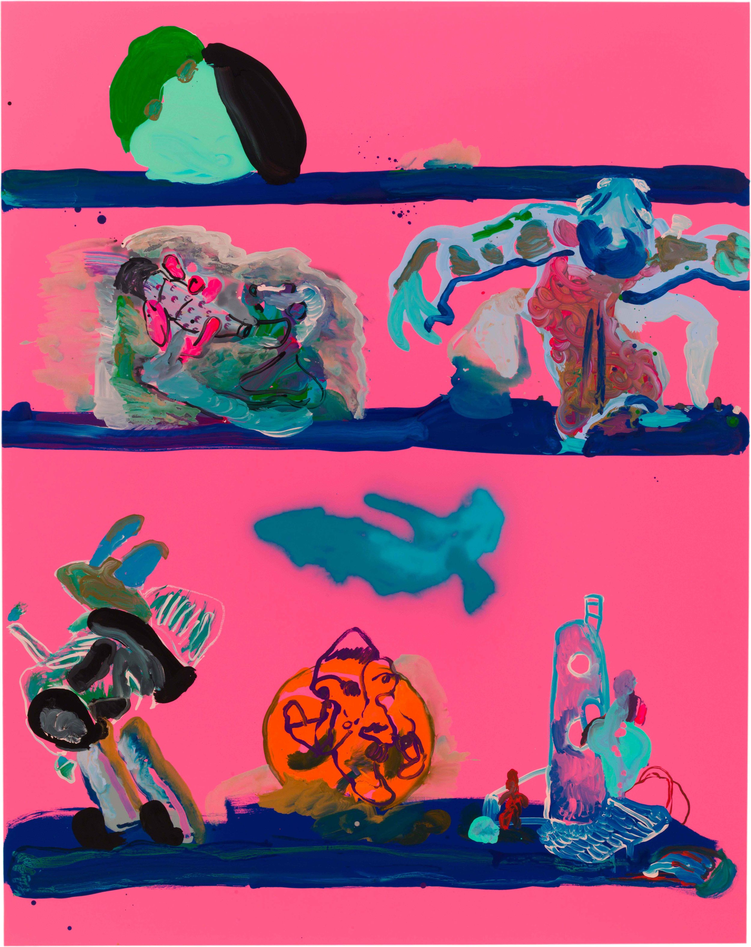  Drew Beattie and Ben Shepard  Shelves on Pink  2014 acrylic and spray paint on canvas 96 x 76 inches 