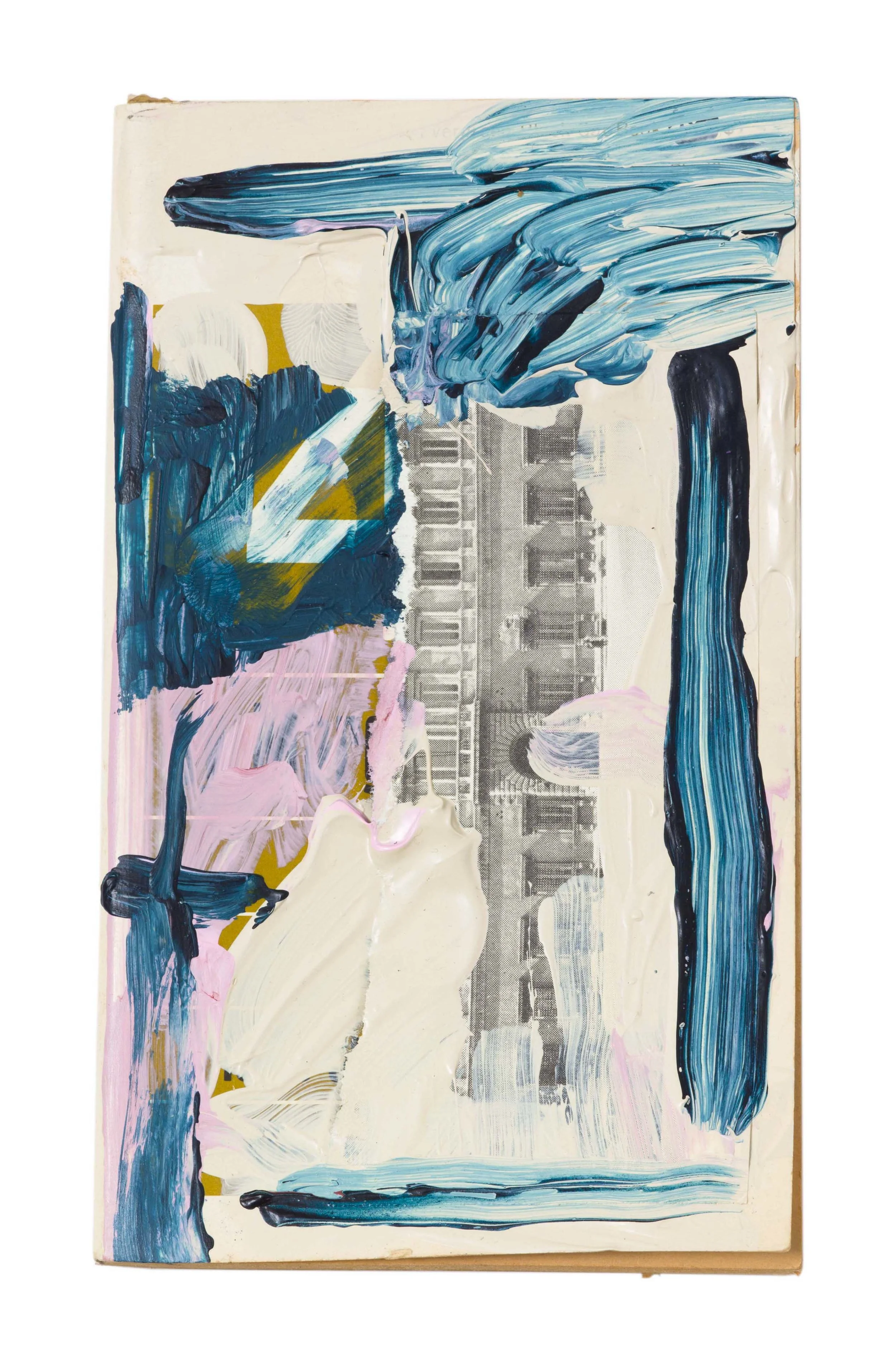 Drew Beattie and Ben Shepard Four Novels by Marguerite Duras acrylic and collage on used book 2016 7 x 4 ⅛ inches