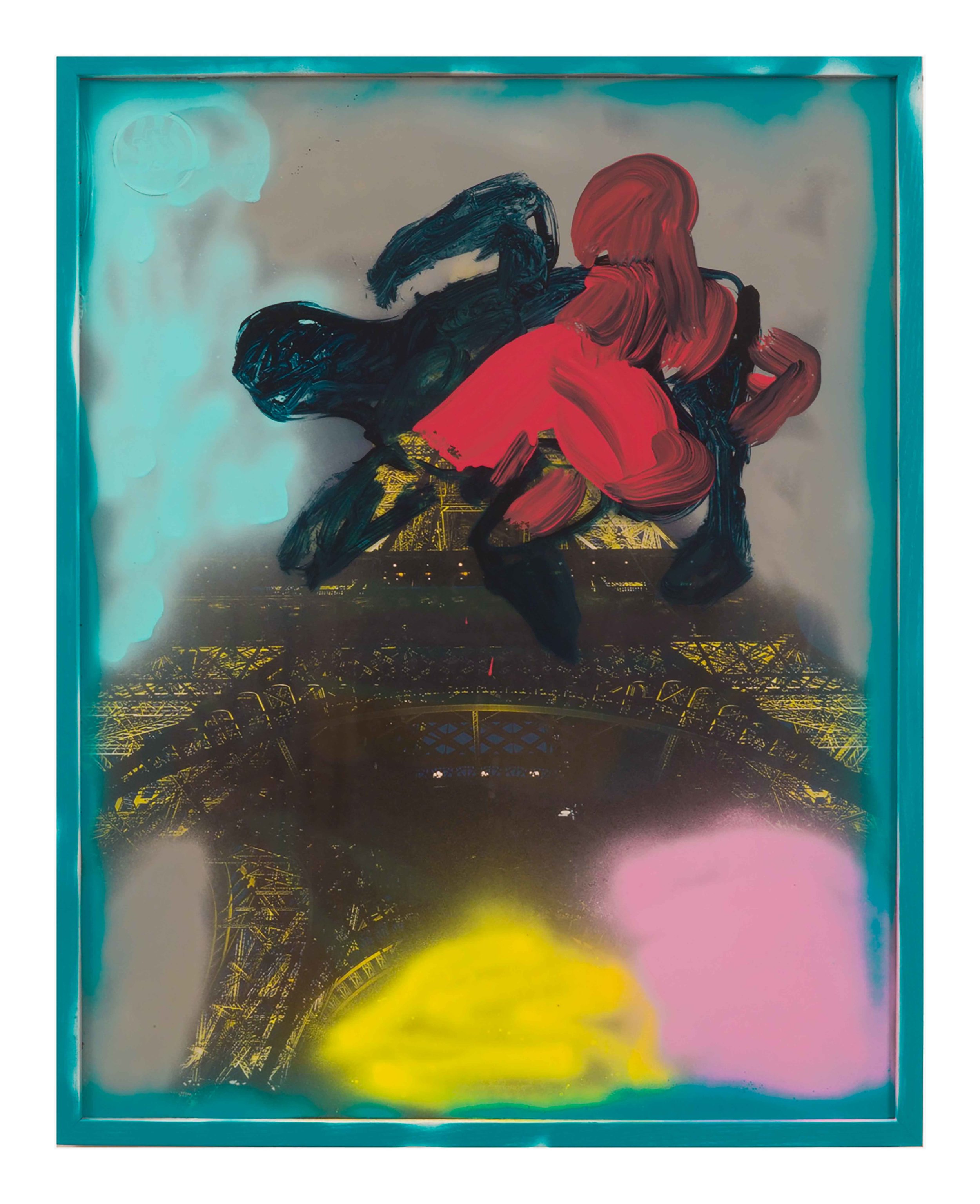  Drew Beattie and Ben Shepard  Fight in Paris &nbsp; 2015 acrylic and spray paint on framed poster 29 x 23 inches 