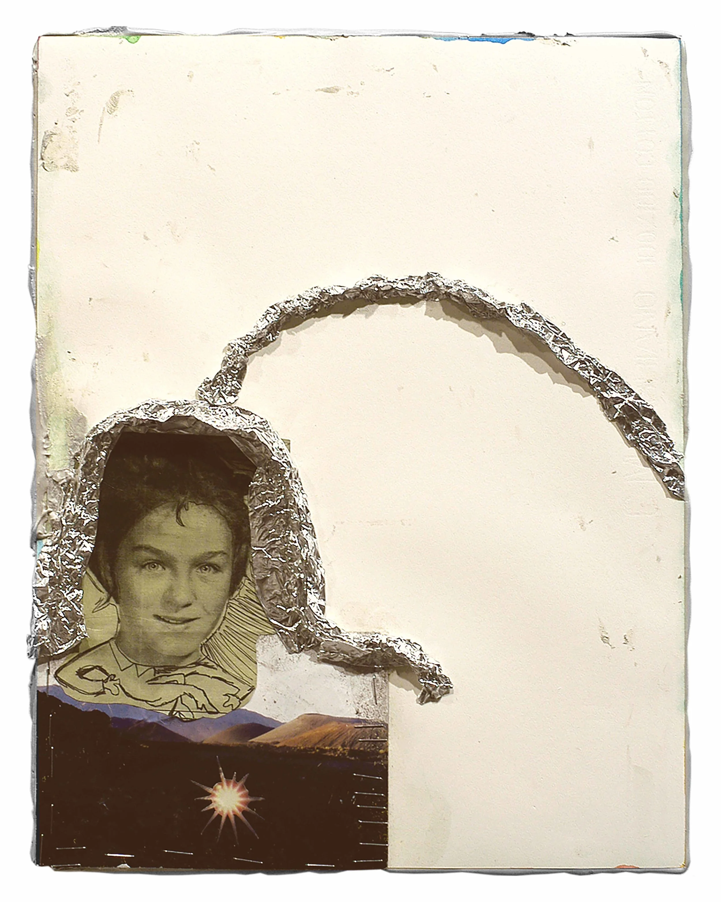 Drew Beattie Colorado 2005 foil, collage, staples and bondo on paper on canvas 14¼ x 11¼ inches