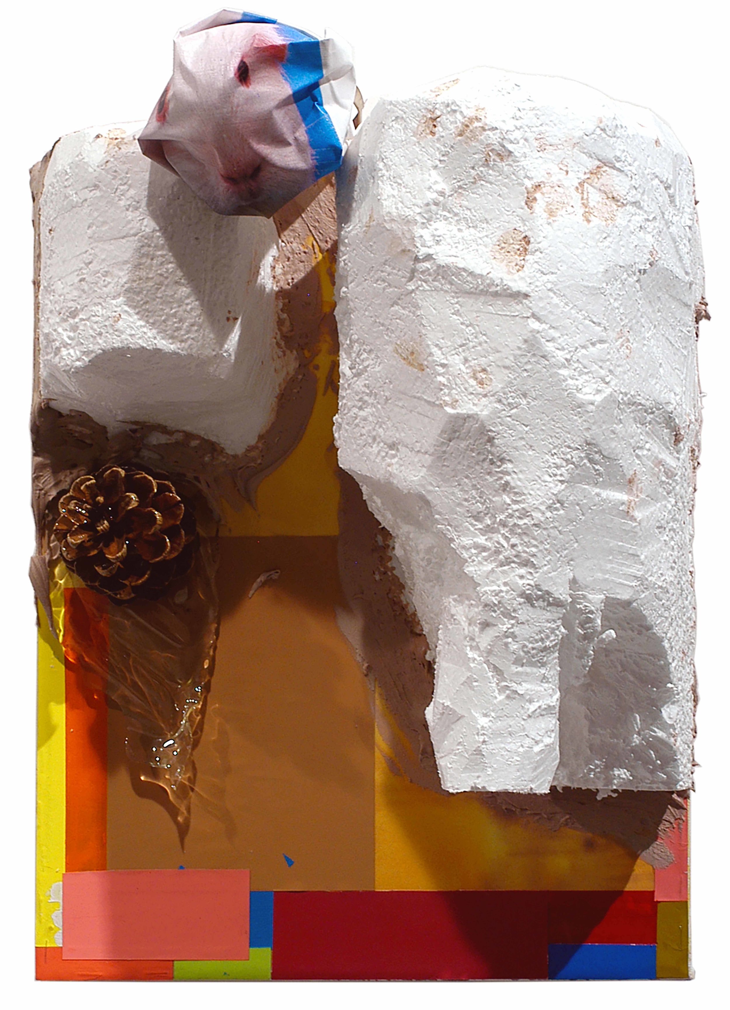  Drew Beattie  Hole in My Island &nbsp; 2005 acrylic, bondo, collage on light bulb, styrofoam, pine cone, resin and colored paper on canvas 14½ x 11¼ inches 