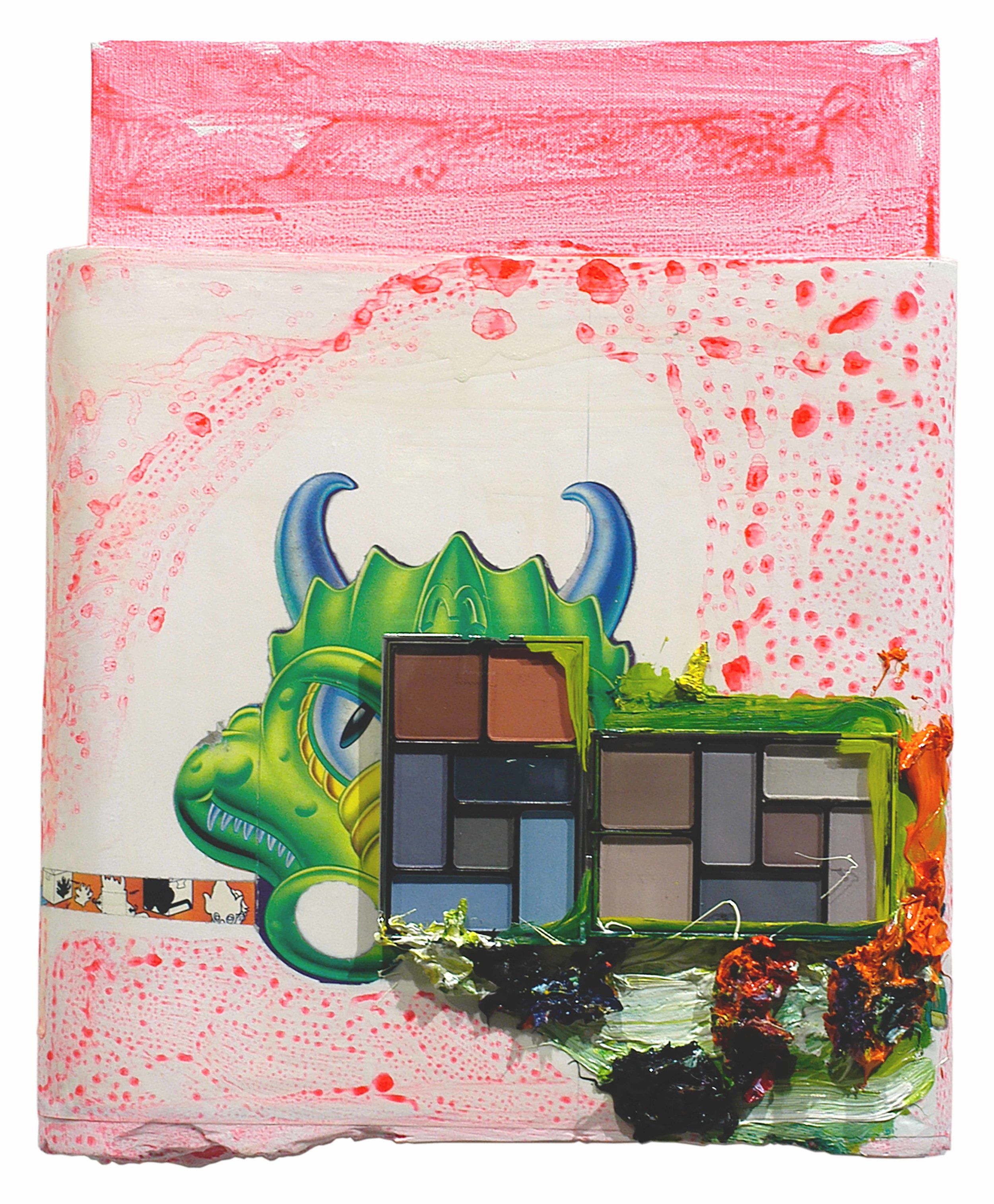  Drew Beattie  Make-up Dragon &nbsp; 2005 oil, acrylic, collage, cosmetic kits and plaster on canvas 14¾ x 11¾ inches 