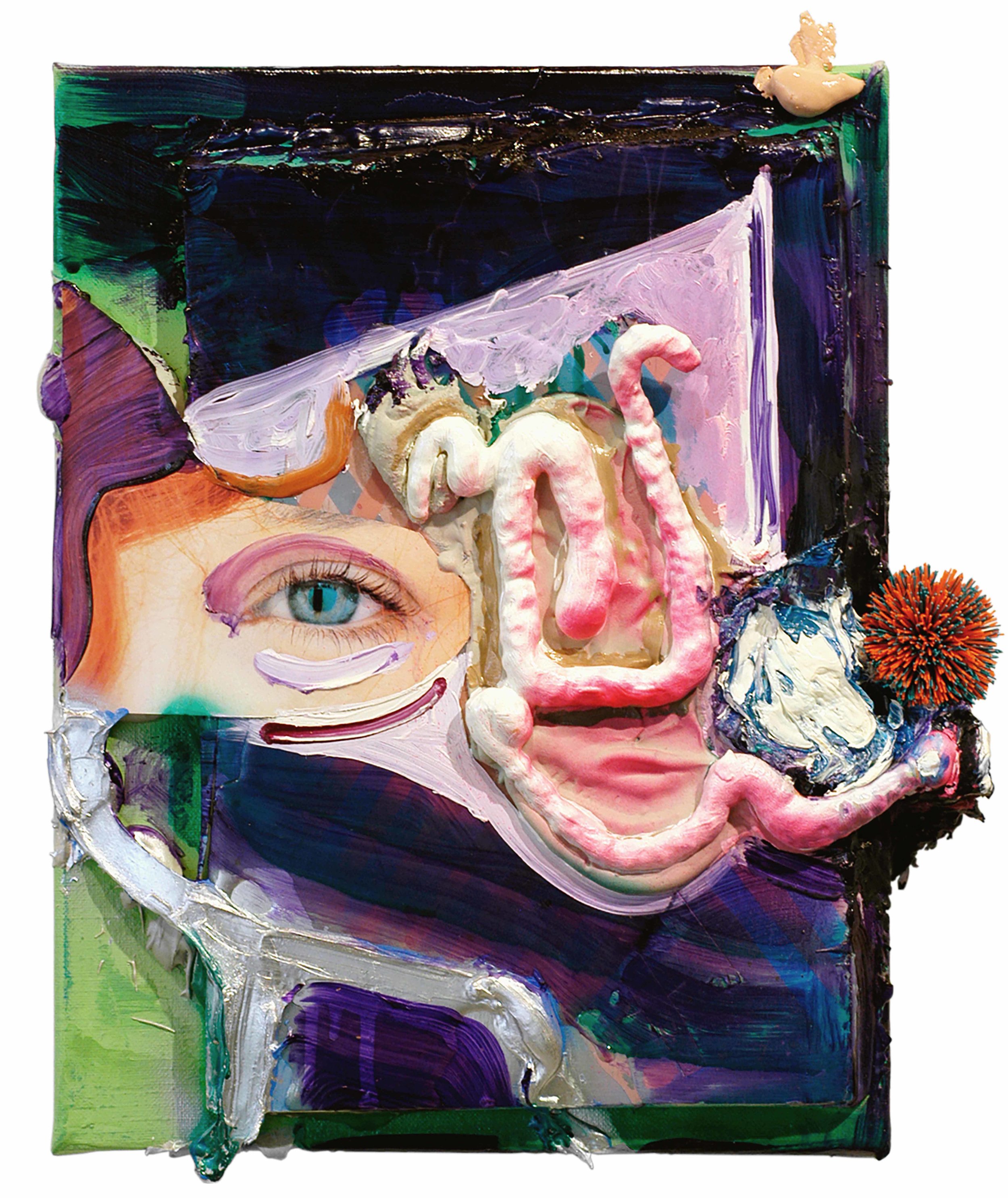  Drew Beattie  Sad Man Wants to Talk &nbsp; 2005 oil, acrylic, spray paint, bondo, collage, rubber, insulating foam and foam core on canvas 14½ x 11½ inches 