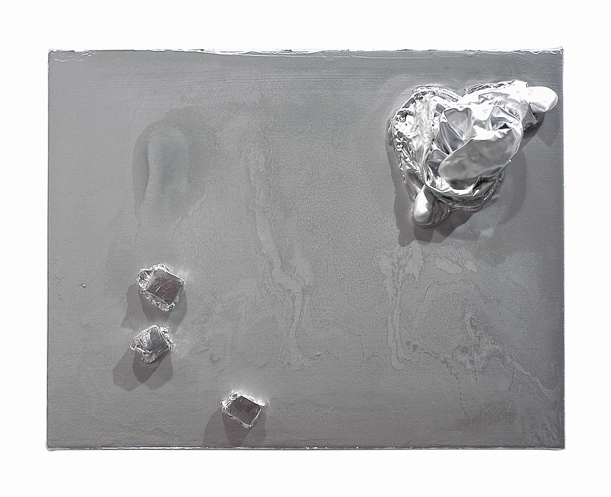  Drew Beattie  Shiny Bits &nbsp; 2005 enamel, acrylic, foil, foam core and rubber on canvas&nbsp; 14 x 11 inches 