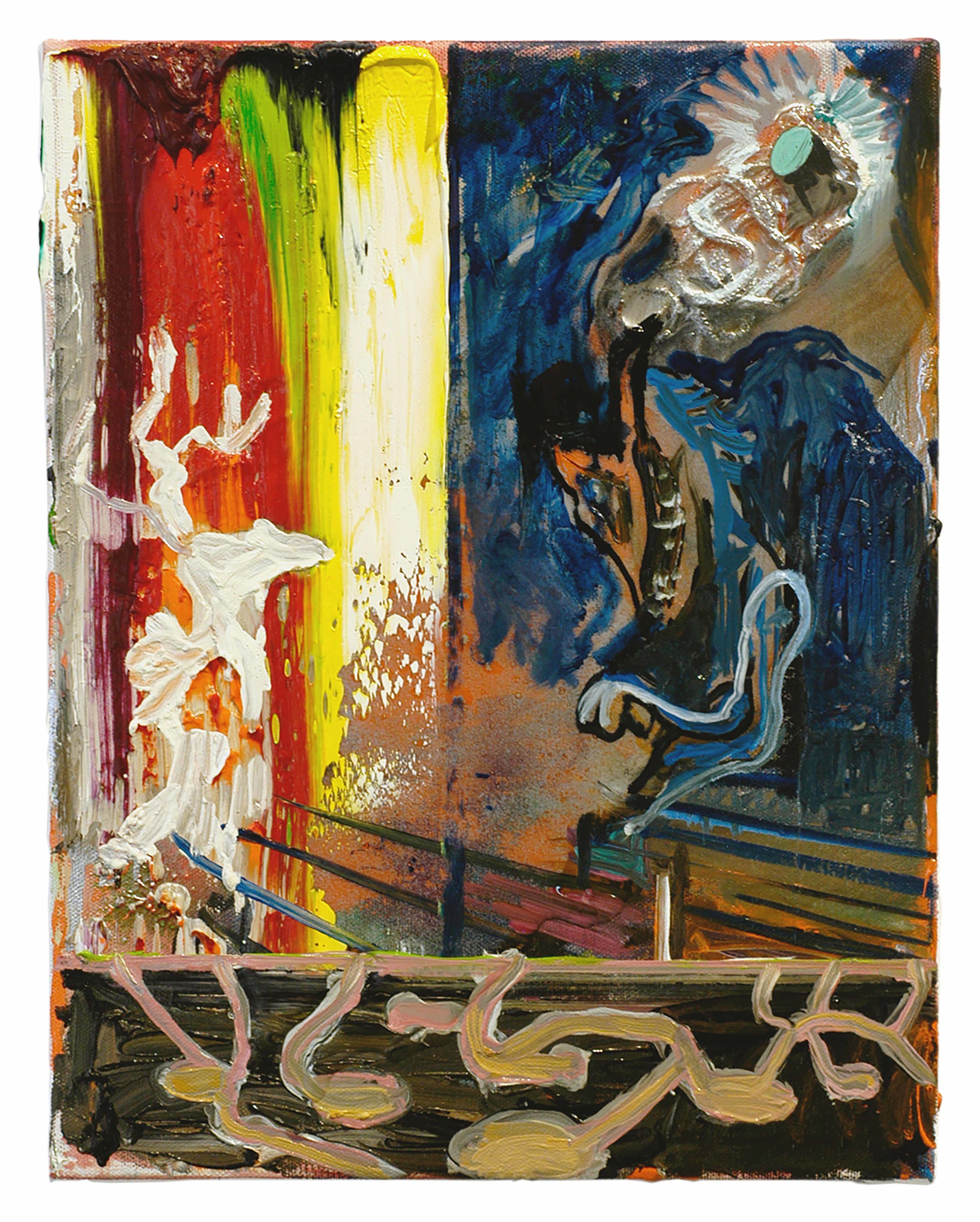  Drew Beattie  Rainbow Deer &nbsp; 2005 oil, spray paint, resin and canvas thread on canvas&nbsp; 14 x 11 inches 