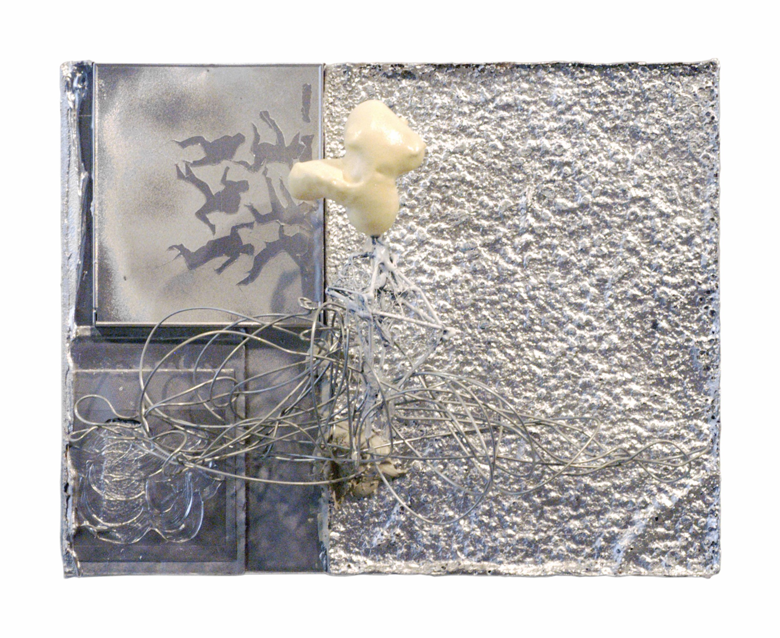  Drew Beattie  Silver Death  2006 CD case, bondo, tape, styrofoam, polaroid, spray paint, wire, toothpicks, hot glue and industrial foam on canvas&nbsp; 11 x 14 inches 