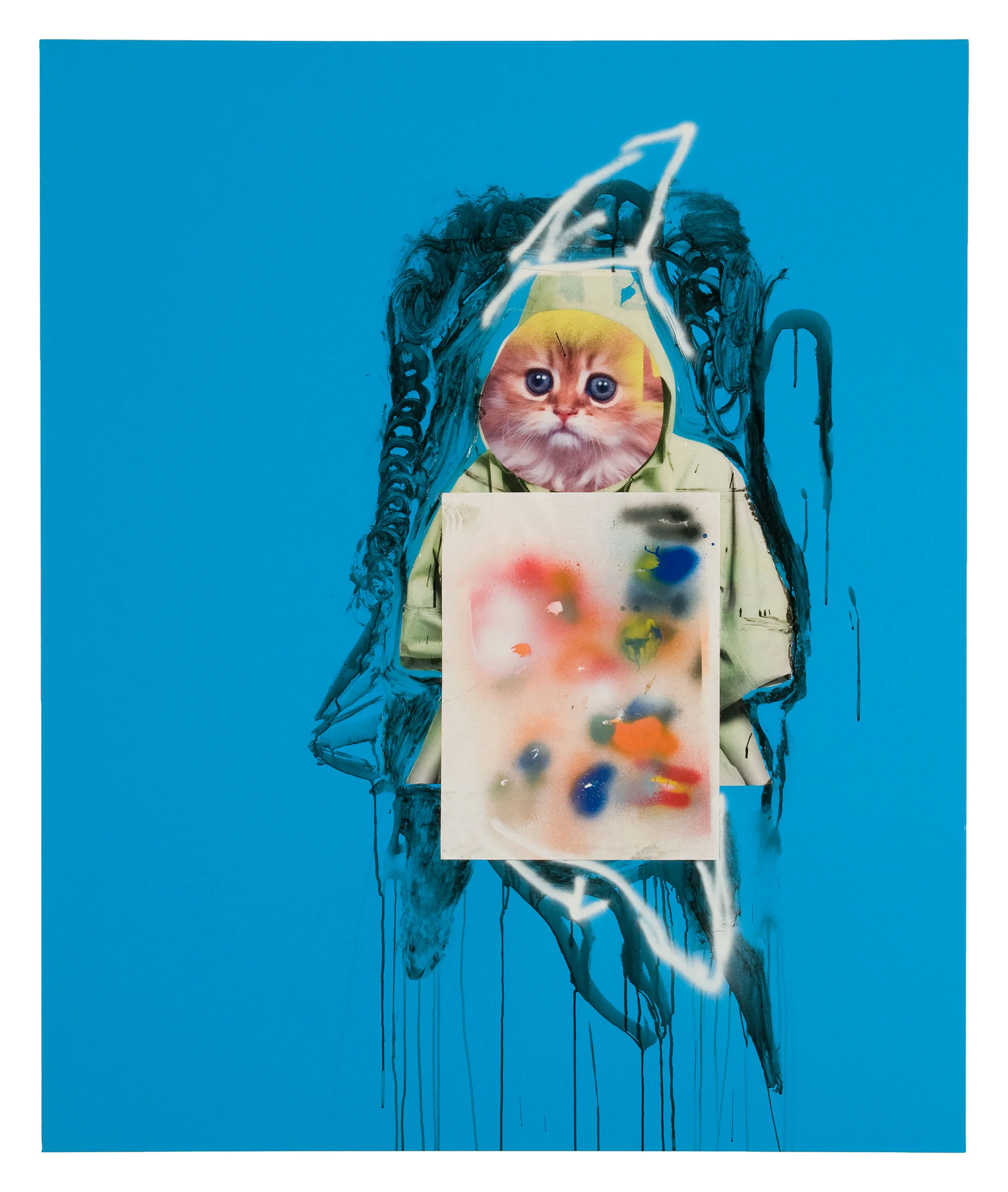 Drew Beattie Cat with Business on Blue 2010 acrylic, spray paint and collage on canvas 72 x 60 inches