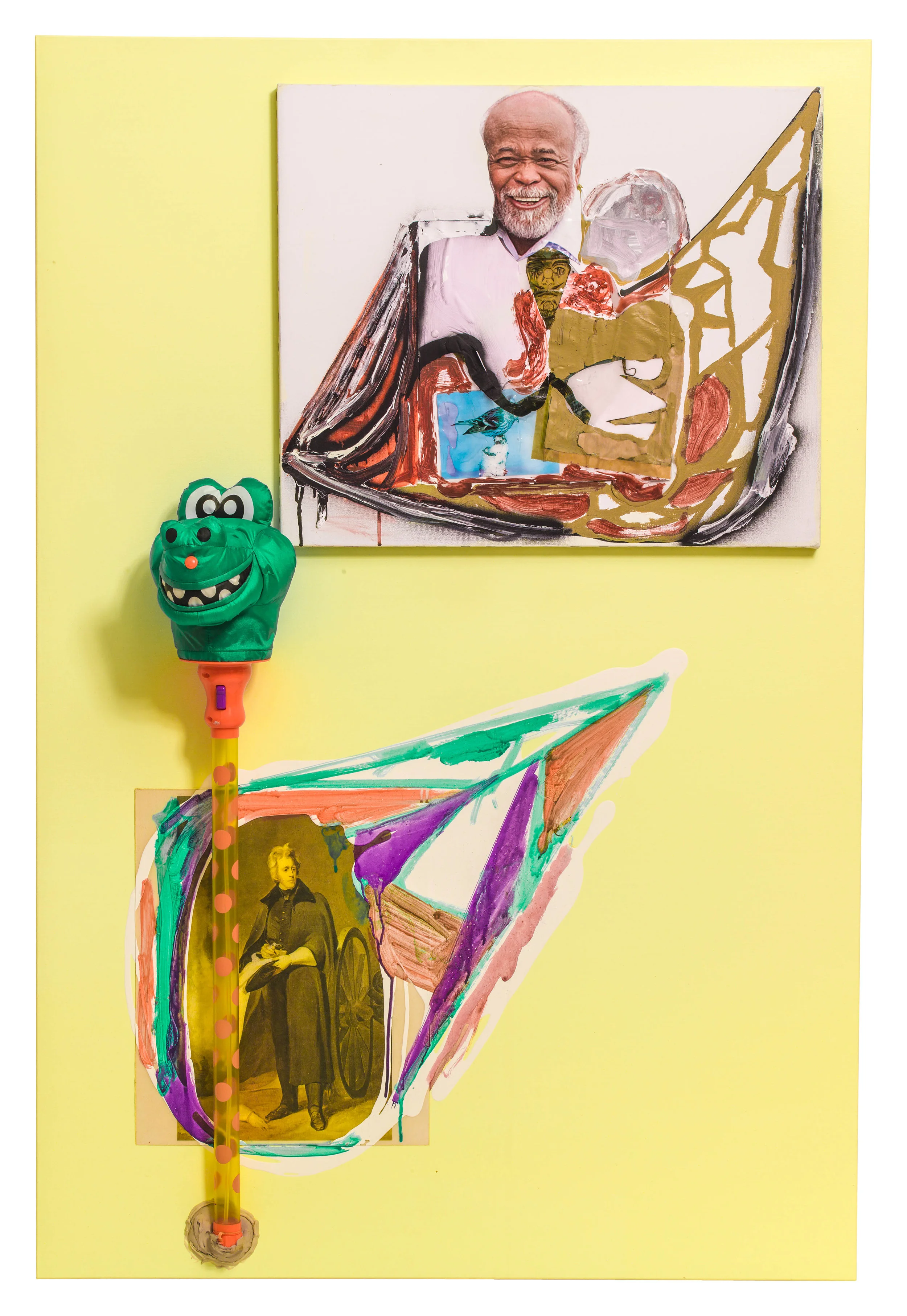 Drew Beattie Chef le Chef 2013 acrylic, spray paint, collage, bondo, liquid nails, water gun and stretched canvas on canvas 60 x 40 inches
