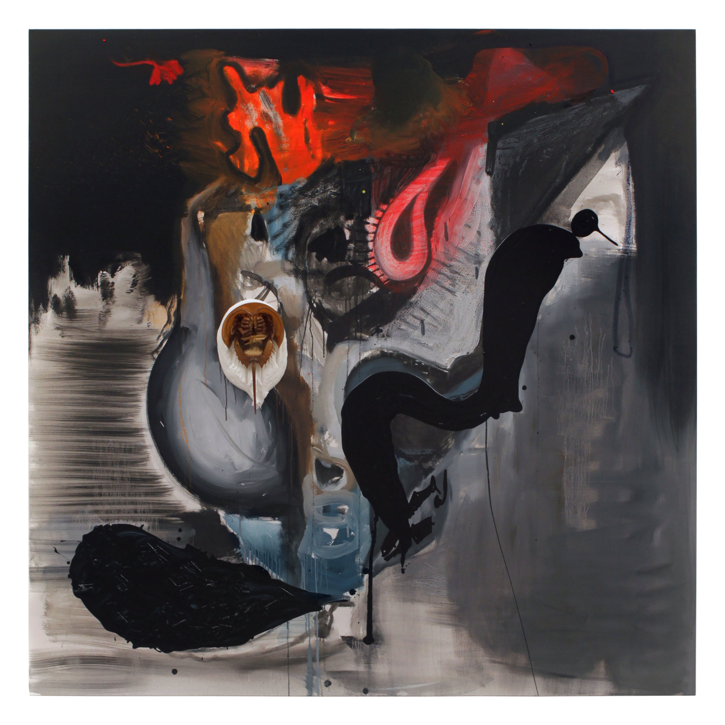  Drew Beattie  Sympathetic Figuration &nbsp; 2013 oil, oil stick, acrylic, razor blades and horseshoe crab on canvas 72 x 72 inches 