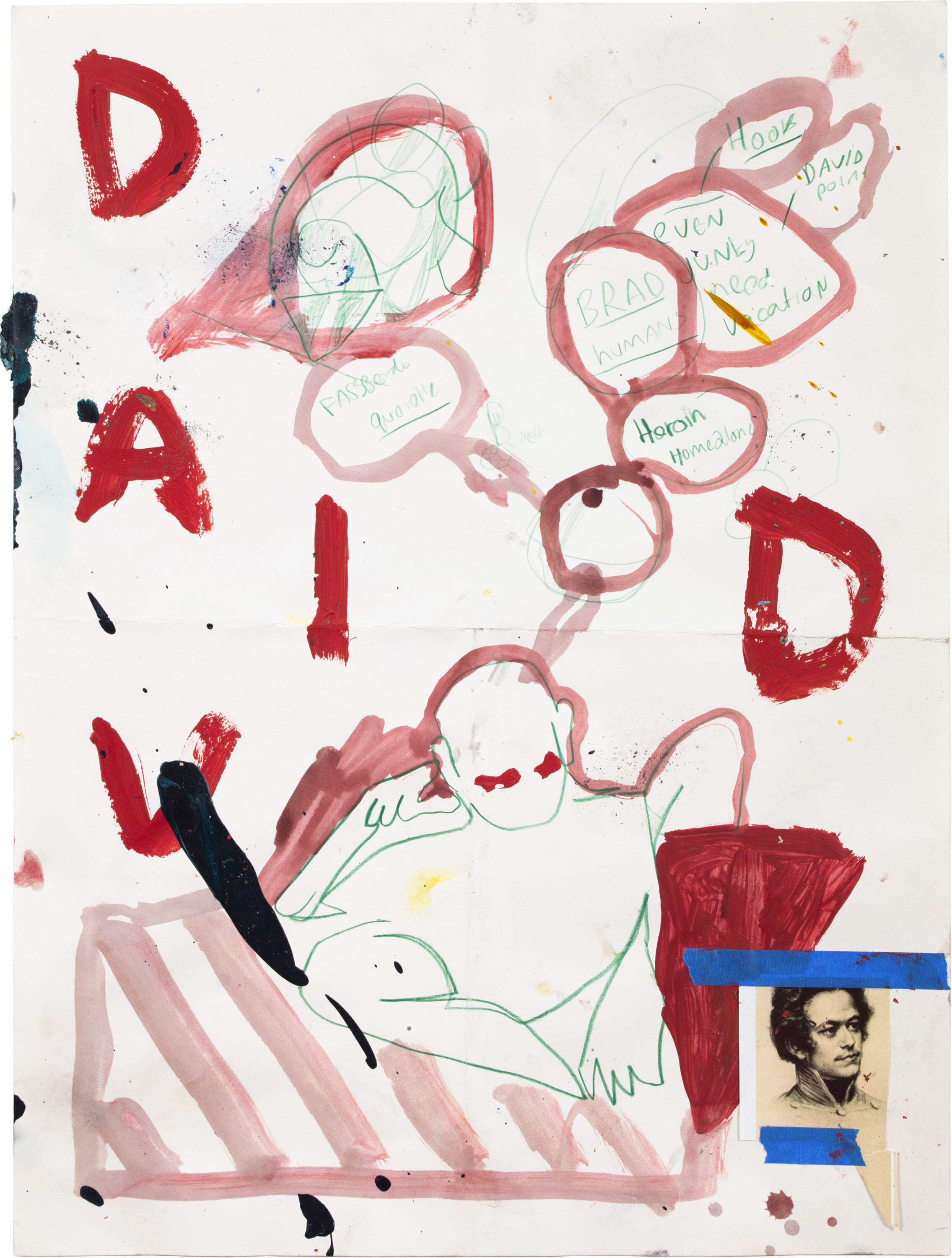  Drew Beattie and Ben Shepard   DBBS-DRW-2019-157   2019 acrylic, crayon, tape and collage on paper  24 x 18 inches 