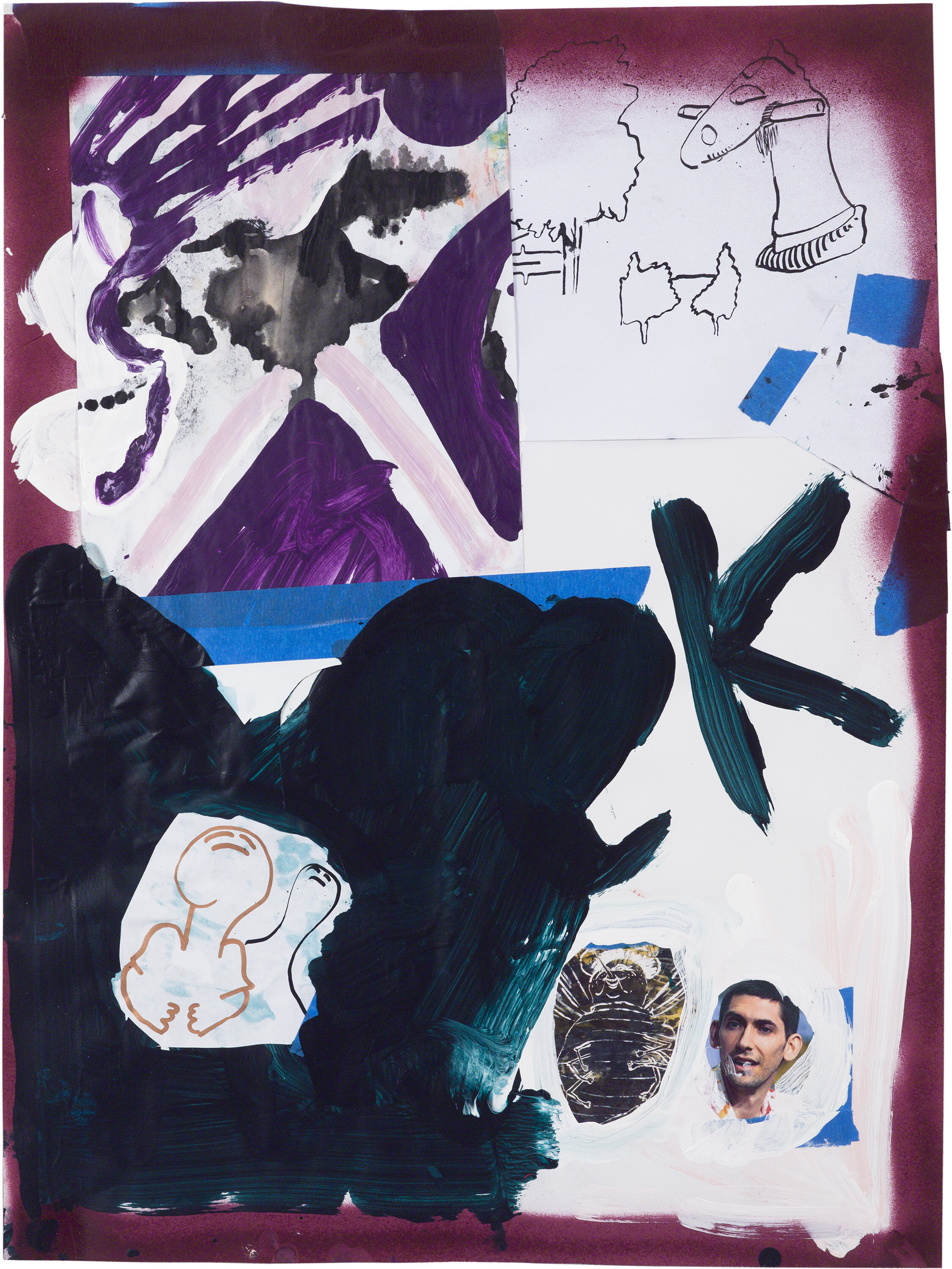  Drew Beattie and Ben Shepard  DBBS-DRW-2019-345   2019 acrylic, spray paint, marker, tape and collage on paper  24 x 18 inches 