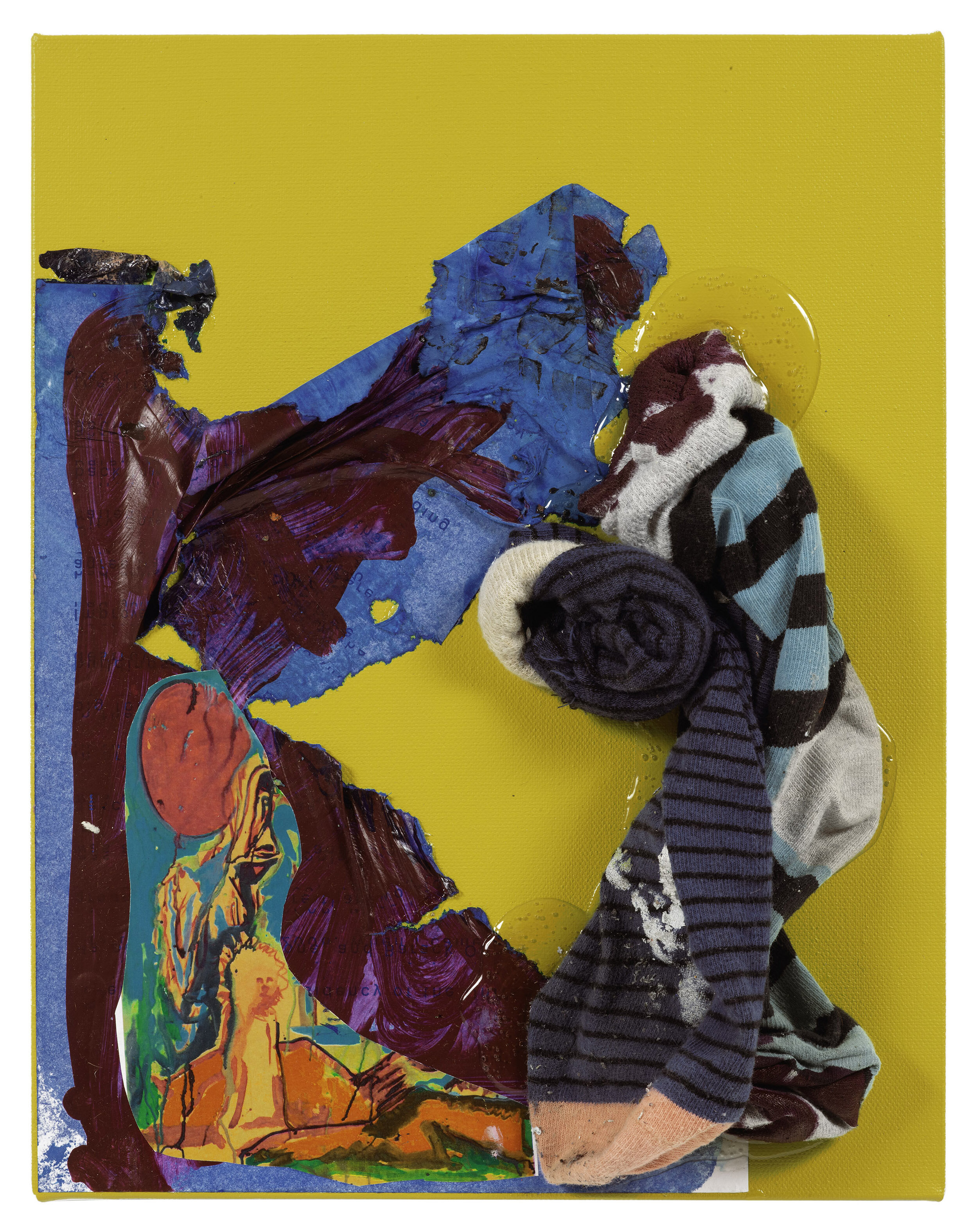  Drew Beattie  Cruel World   2020 acrylic, collage and socks on canvas 14 x 11 inches 