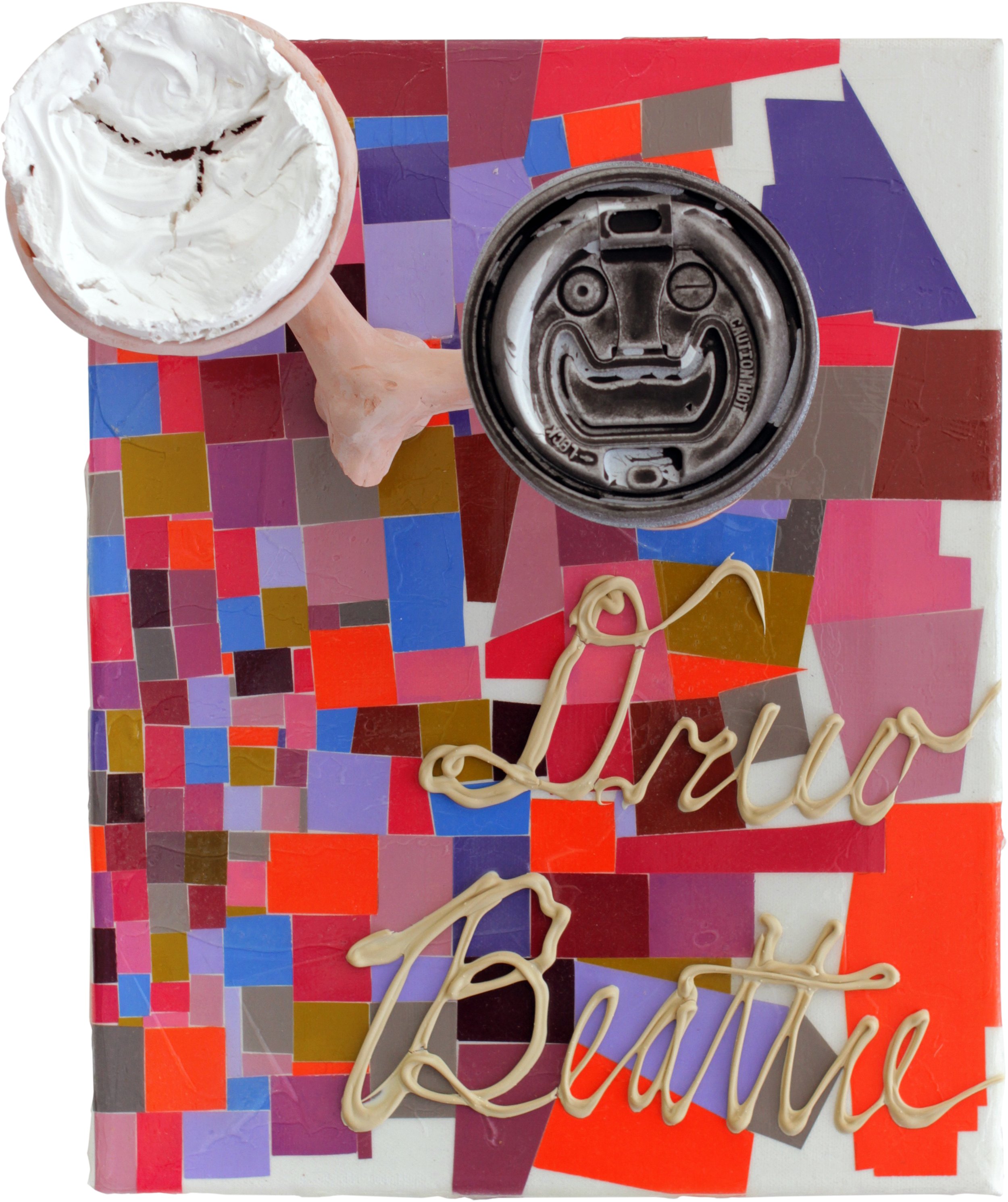  Drew Beattie  Dreetle   2012 acrylic, coffee lid, ceramic, epoxy, Liquid Nails, and cut papers on canvas 14 x 11 inches 